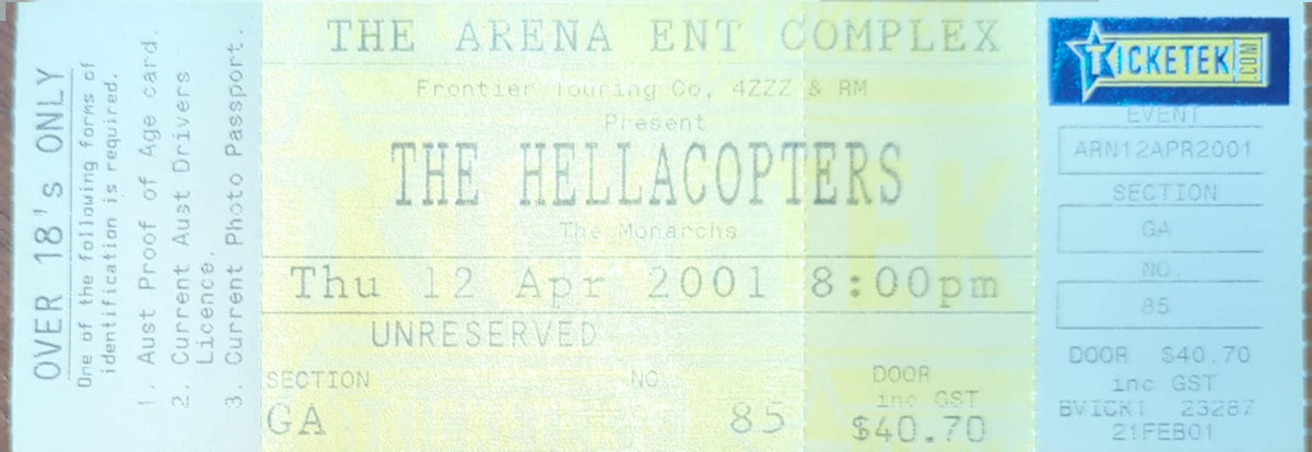 Hellacopters - 2001 Original Vintage Concert Ticket Seat #85