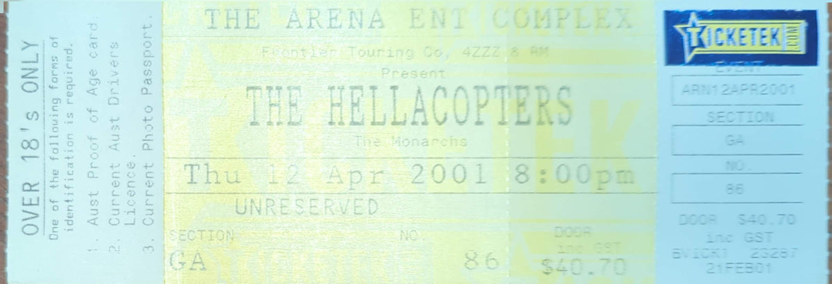 Hellacopters - 2001 Original Vintage Concert Ticket Seat #86