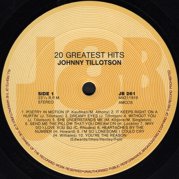 Johnny Tillotson - 20 Greatest Hits Vinyl LP (Used)