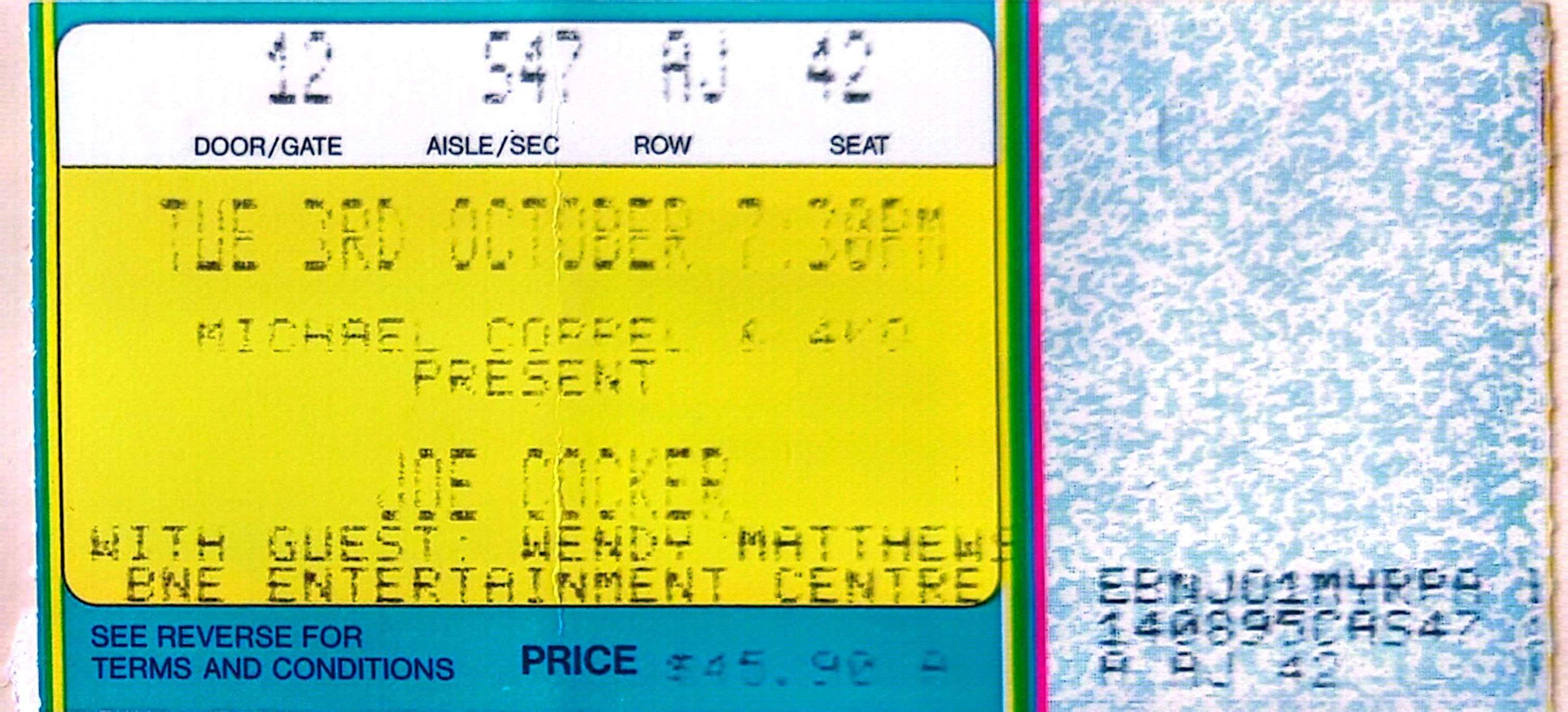Joe Cocker - 1987 Original Vintage Concert Ticket Seat 42