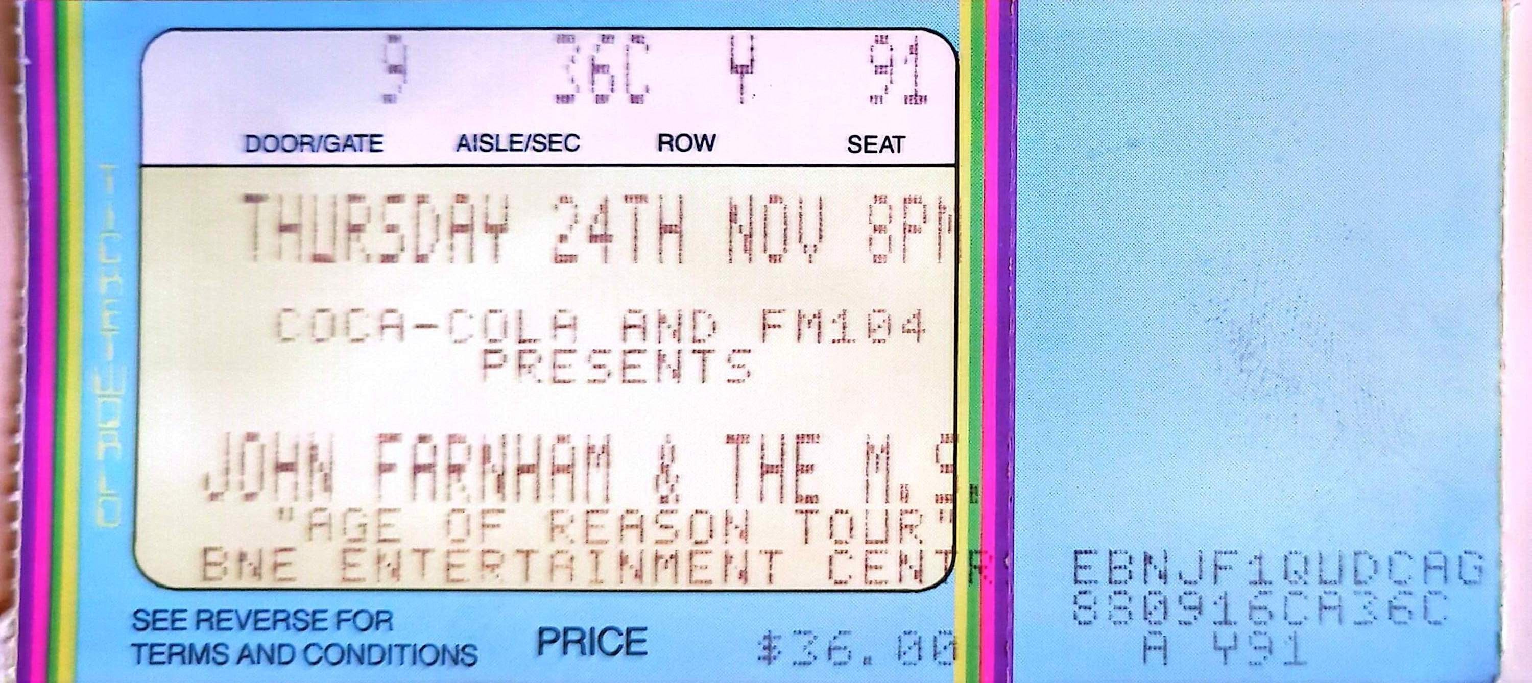 John Farnham & The M.S. - 1989 Original Vintage Concert Ticket Seat 91