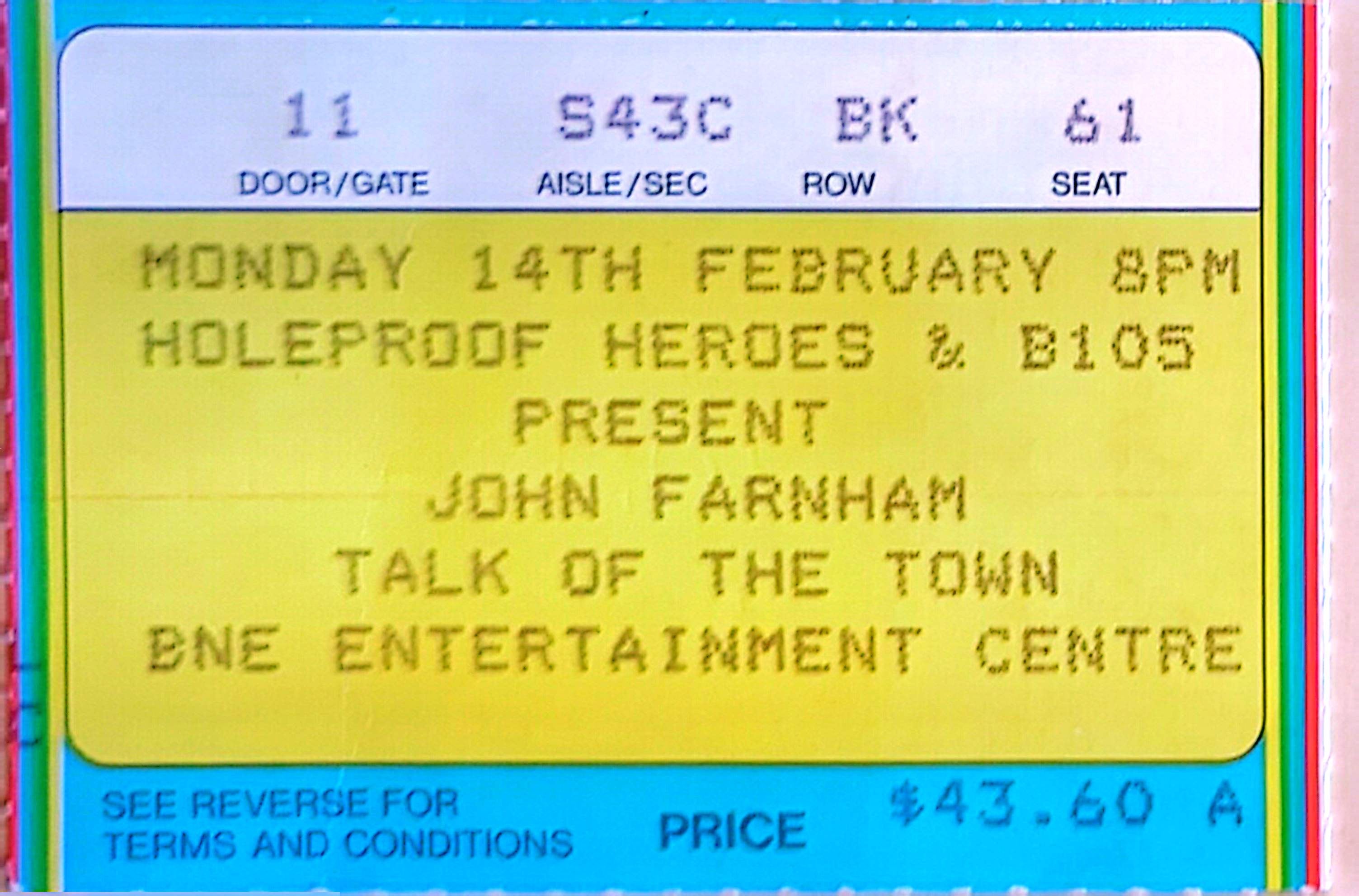 John Farnham - 1994 Original Vintage Concert Ticket Seat 61