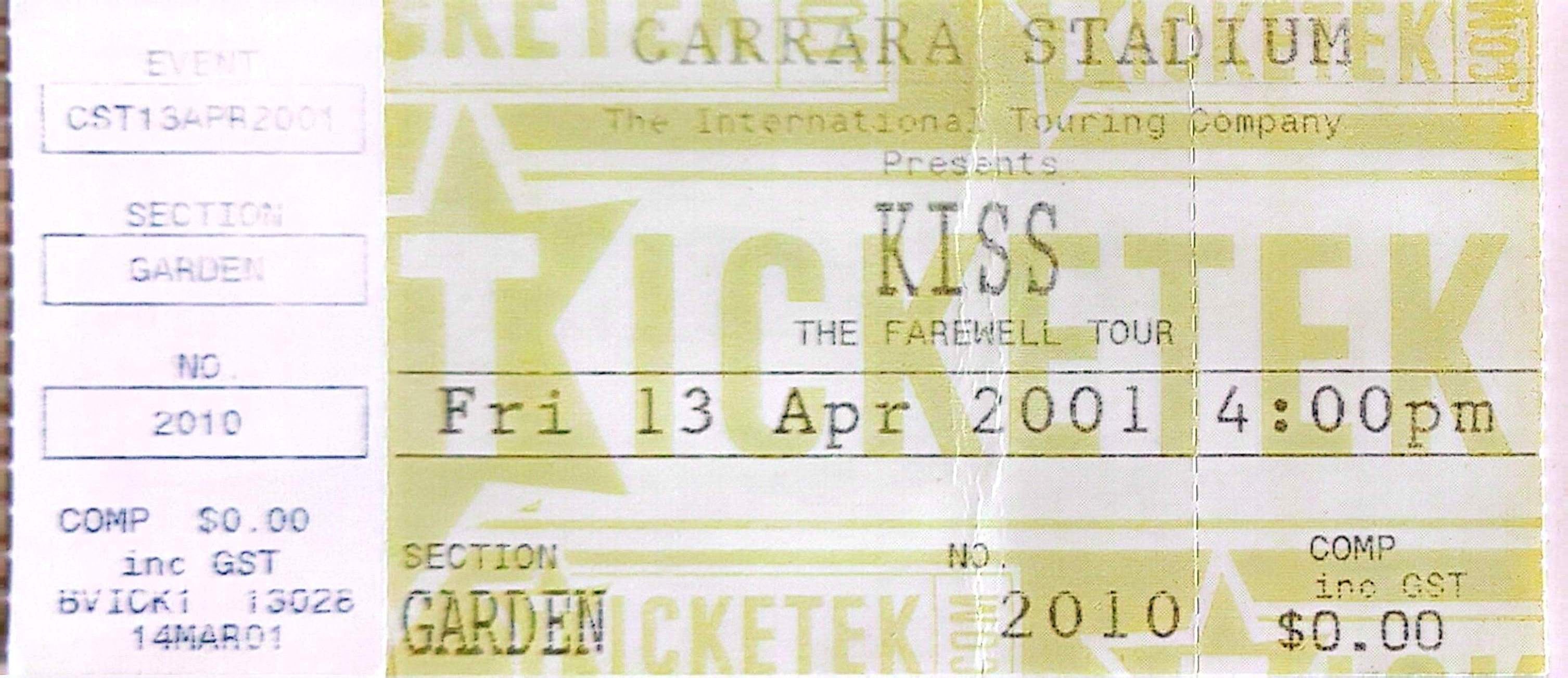 Kiss -2001 Original Vintage Concert Ticket Seat 2010