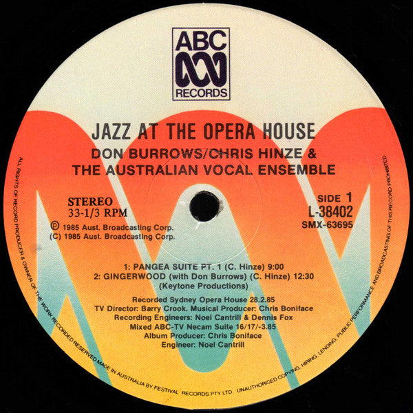 Don Burrows Quintet, Australian Vocal Ensemble & Chris Hinze Combination - Jazz At The Opera House - Traditional To Experimental Vinyl LP (Used)