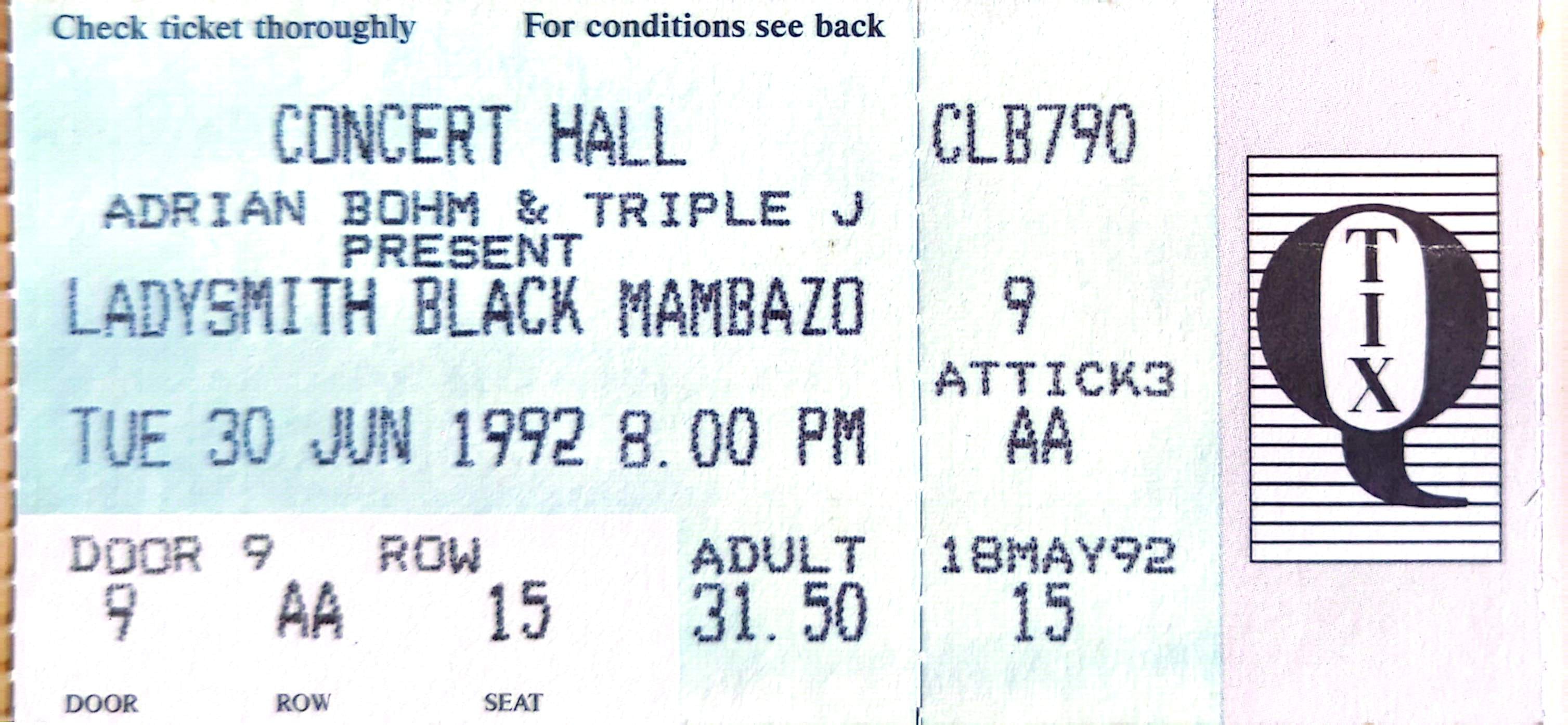Ladysmith Black Mambazo - 1992 Original Vintage Concert Ticket Seat 15