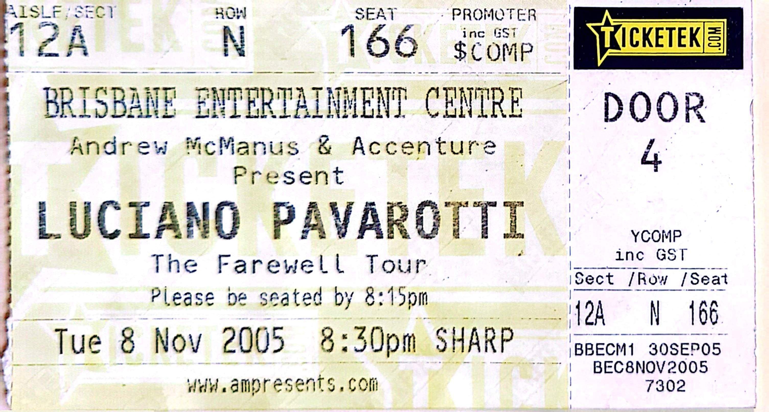 Luciano Pavarotti - 2005 Original Vintage Concert Ticket Seat 78