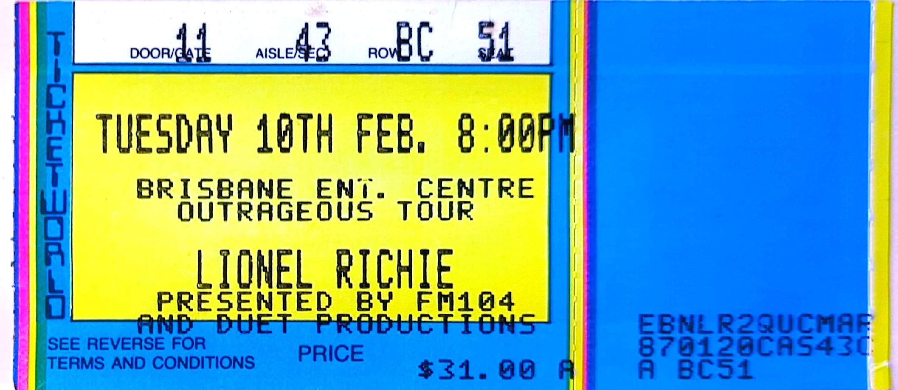 Lionel Ritchie - 1987 Original Vintage Concert Ticket Seat 51