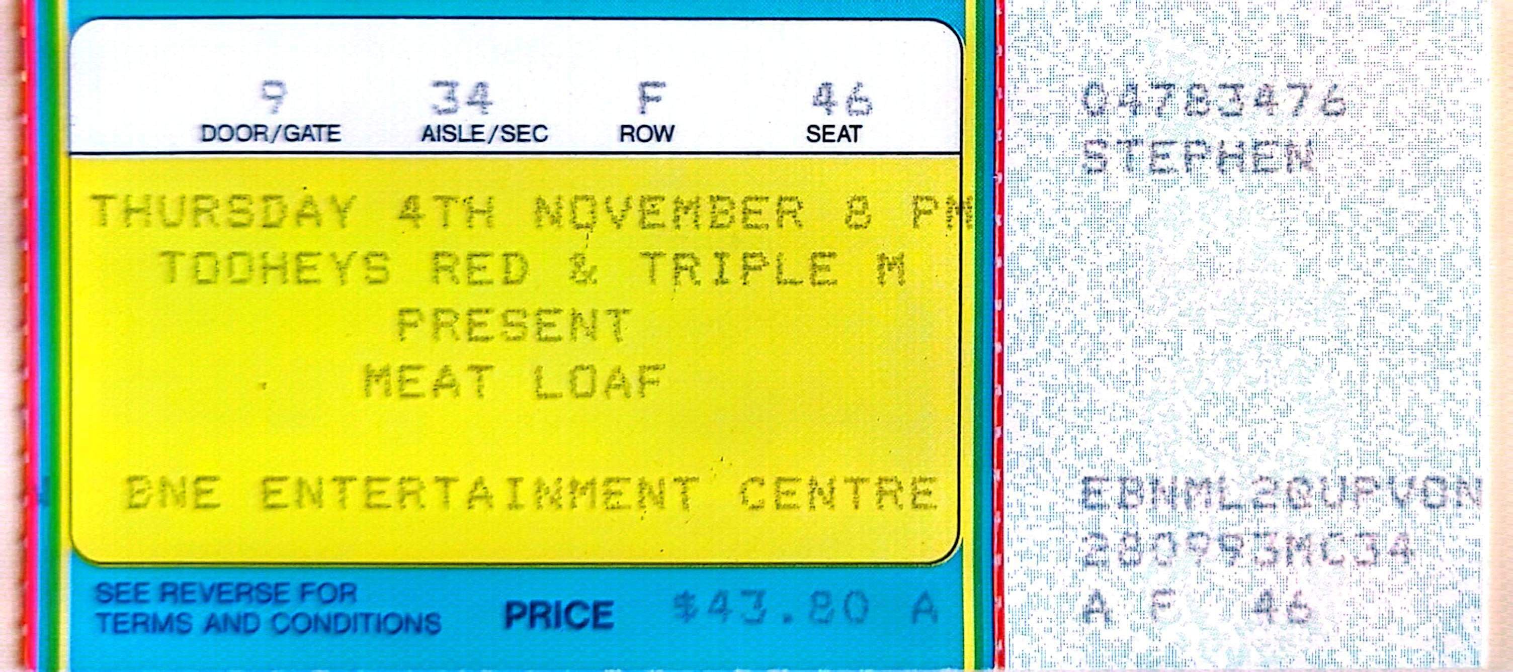 Meat Loaf - 1993 Original Vintage Concert Ticket Seat 46