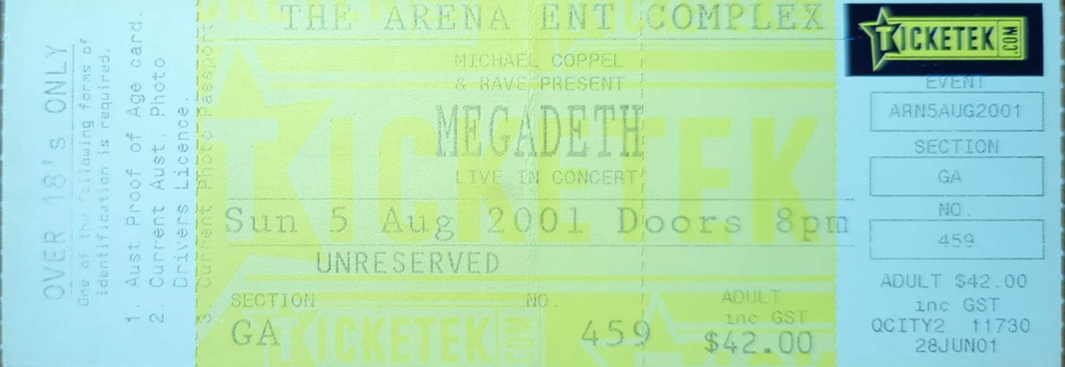 Megadeath - 2001 Original Vintage Concert Ticket Seat #459