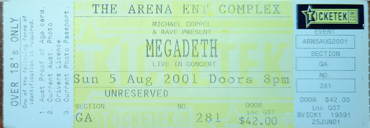 Megadeath - 2001 Original Vintage Concert Ticket Seat #281