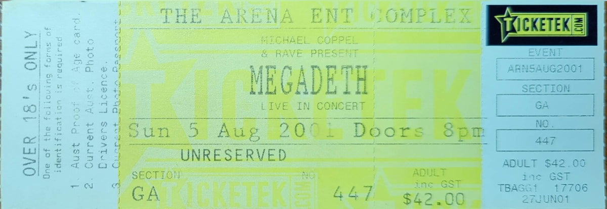 Megadeath - 2001 Original Vintage Concert Ticket Seat #447
