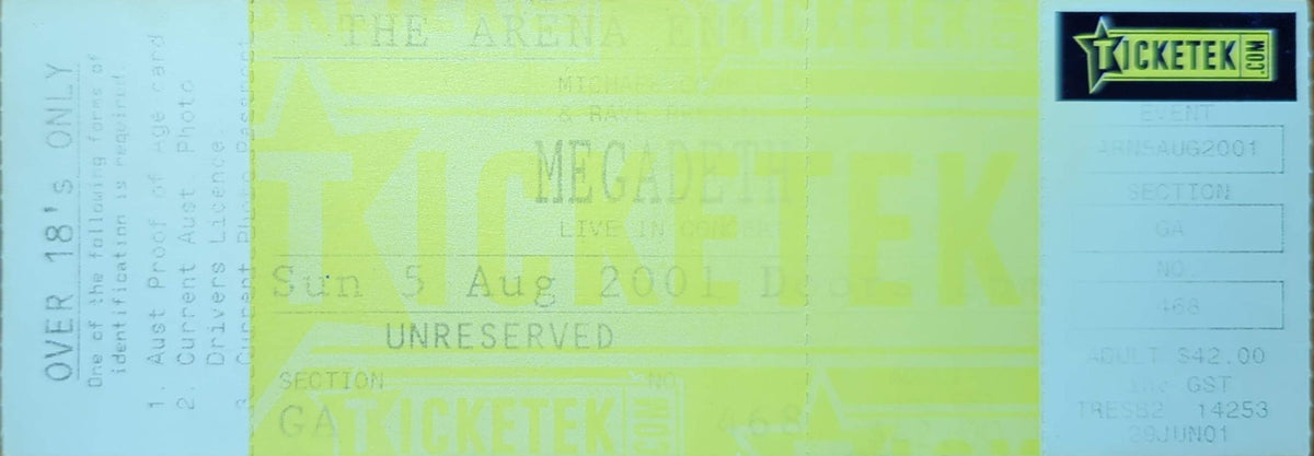 Megadeath - 2001 Original Vintage Concert Ticket Seat #468