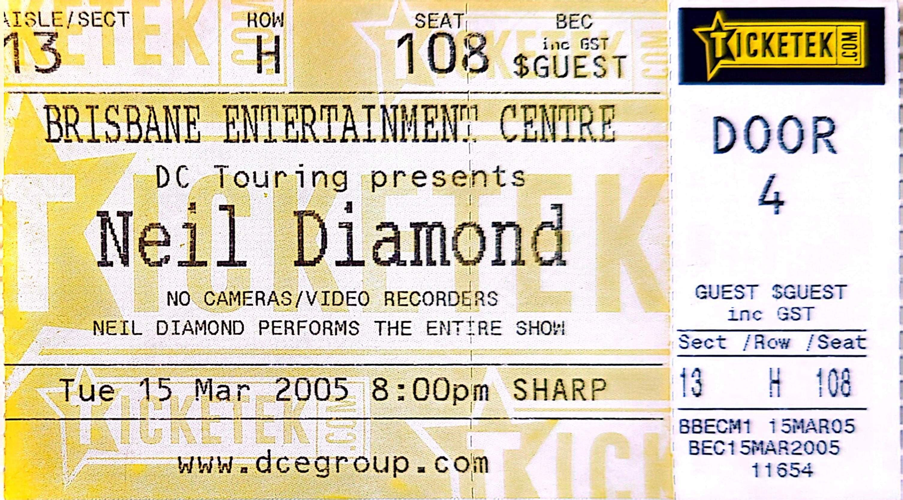 Neil Diamond - 2005 Original Vintage Concert Ticket Seat 108