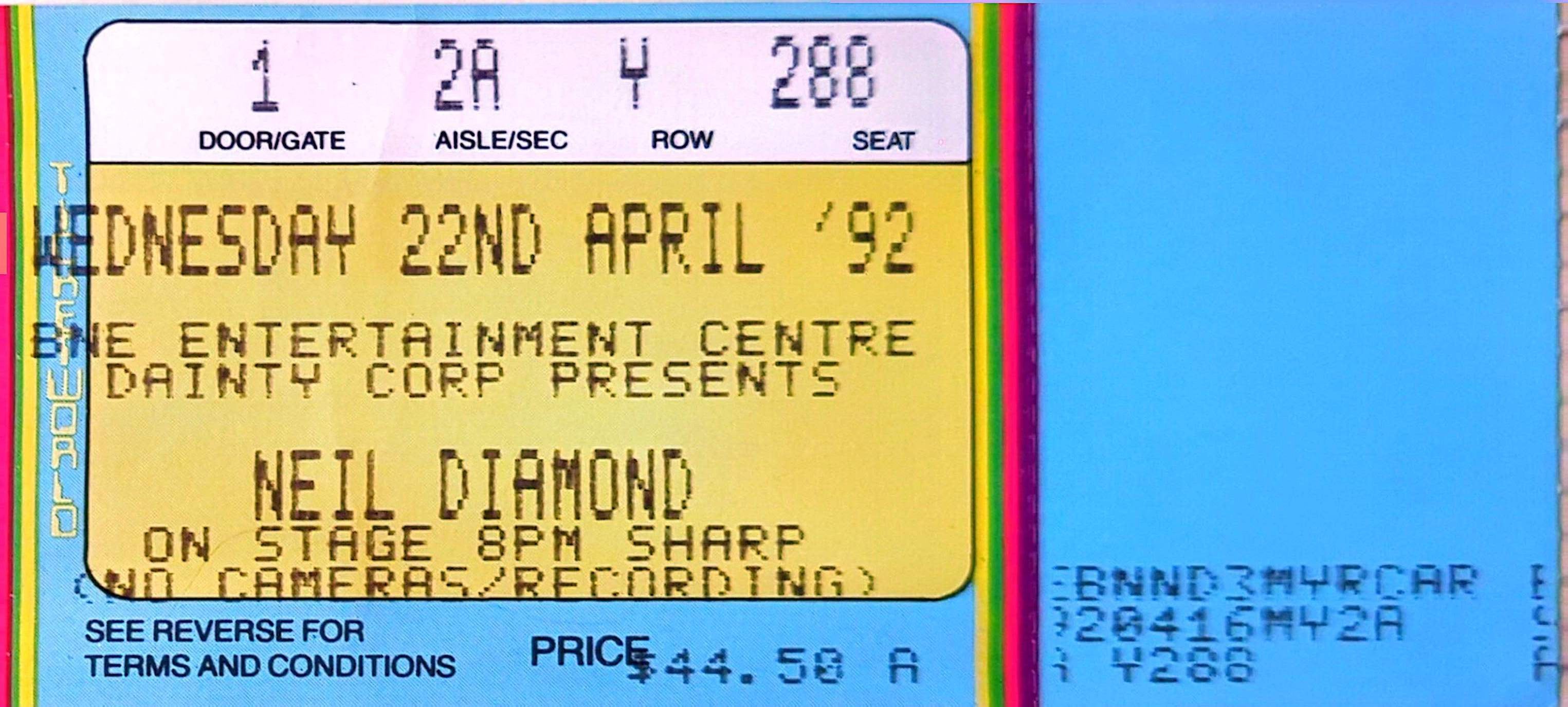 Neil Diamond - 1992 Original Vintage Concert Ticket Seat 288