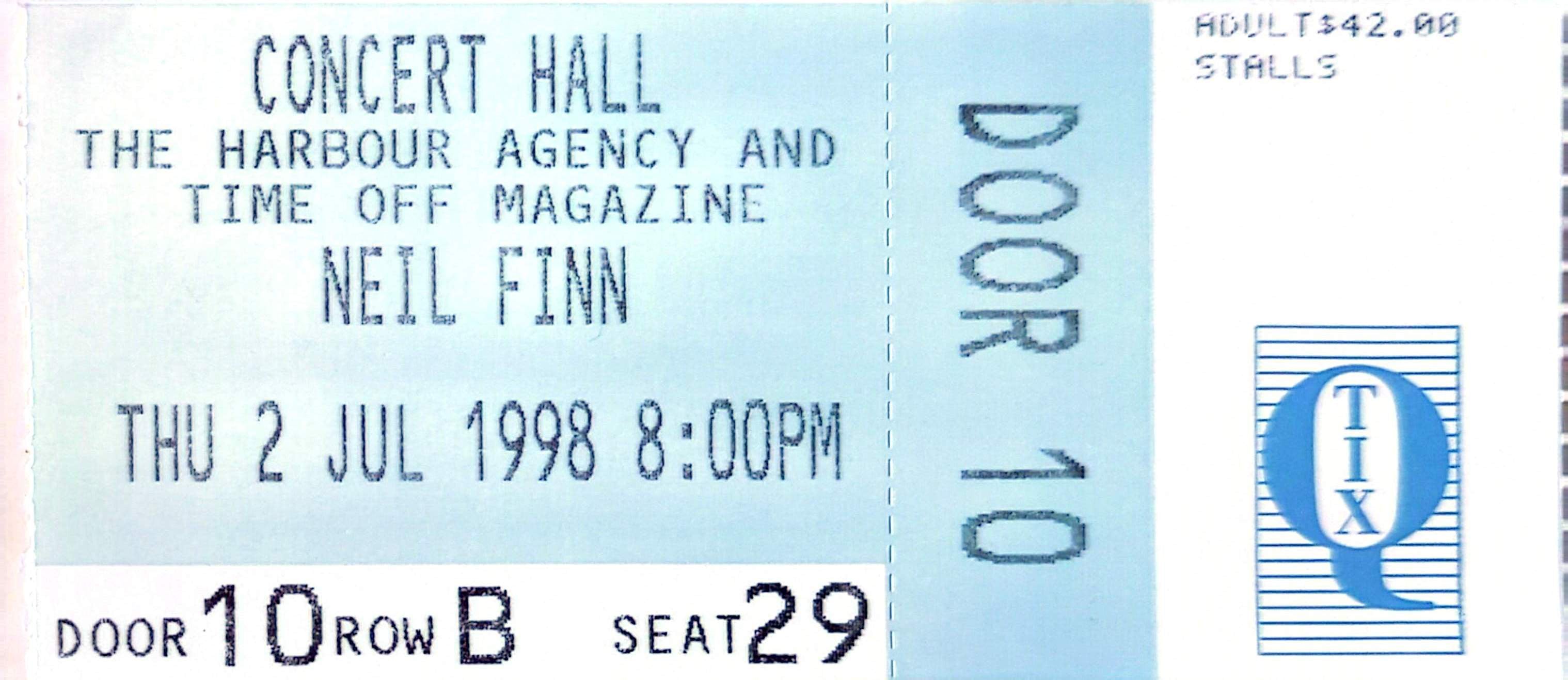 Neil Finn - 1998 Original Vintage Concert Ticket Seat 29