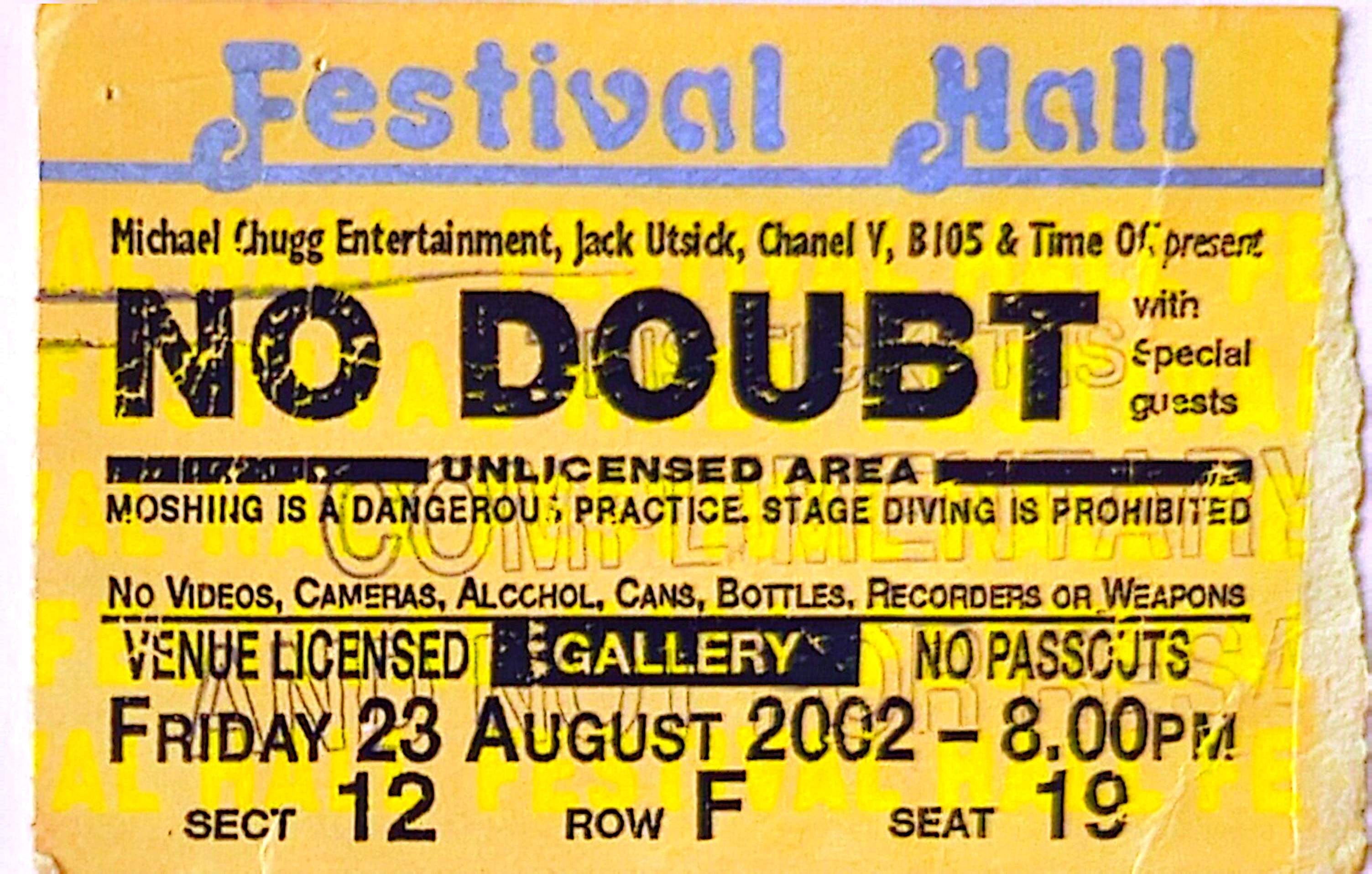 No Doubt - 2002 Original Vintage Concert Ticket Seat 18