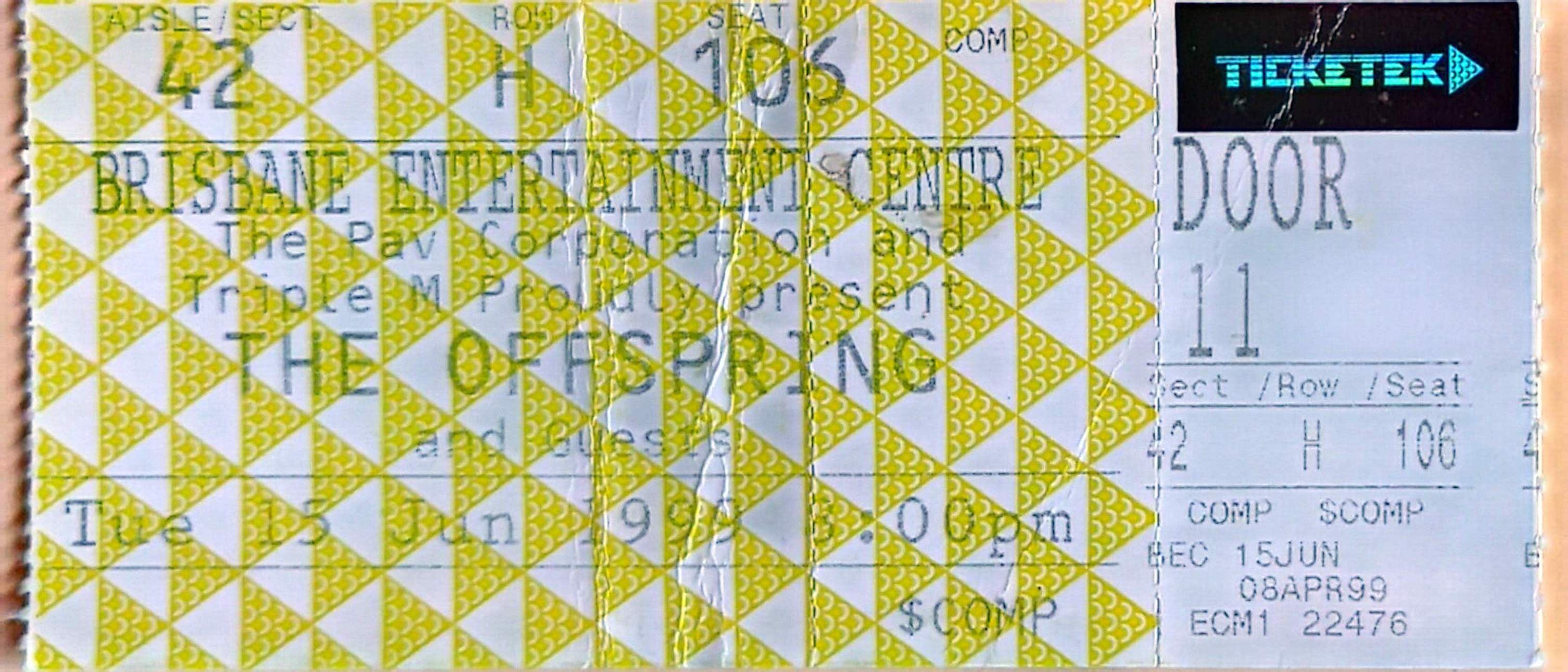 Offspring - 1999 Original Vintage Concert Ticket Seat 106