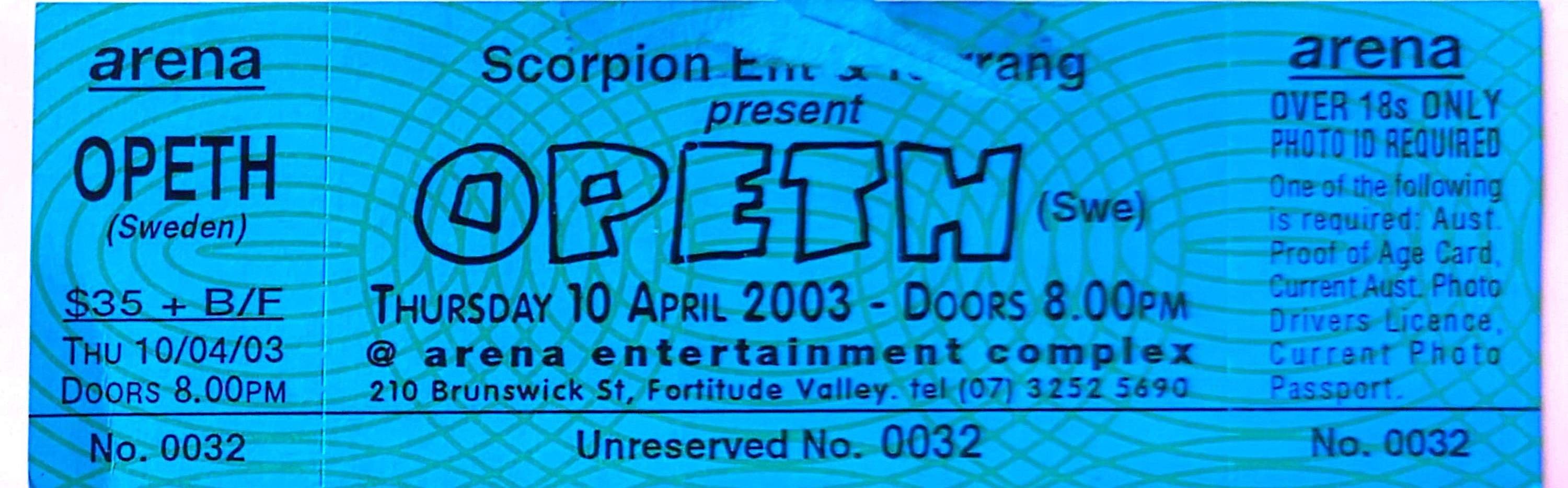 Opeth - 2003 Original Vintage Concert Ticket Seat 32