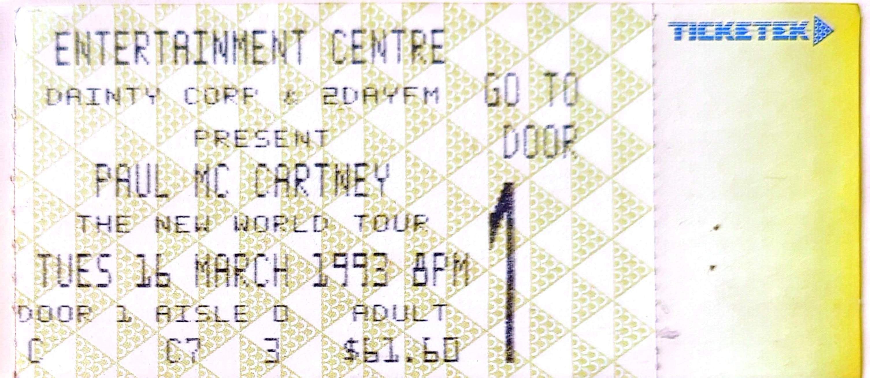 Paul McCartney - 1993 Original Vintage Concert Ticket Seat 3