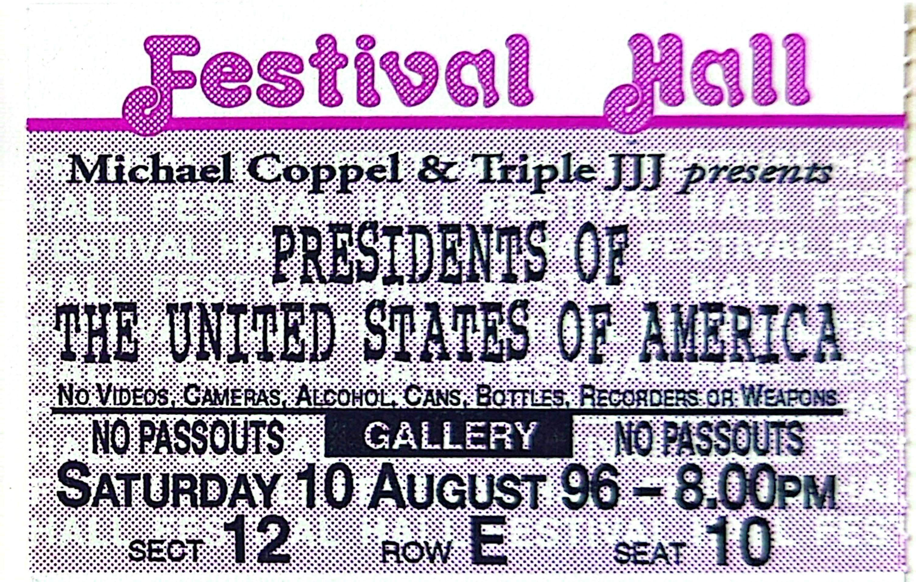 Presidents Of The United States Of America - 1996 Original Vintage Concert Ticket Seat 10
