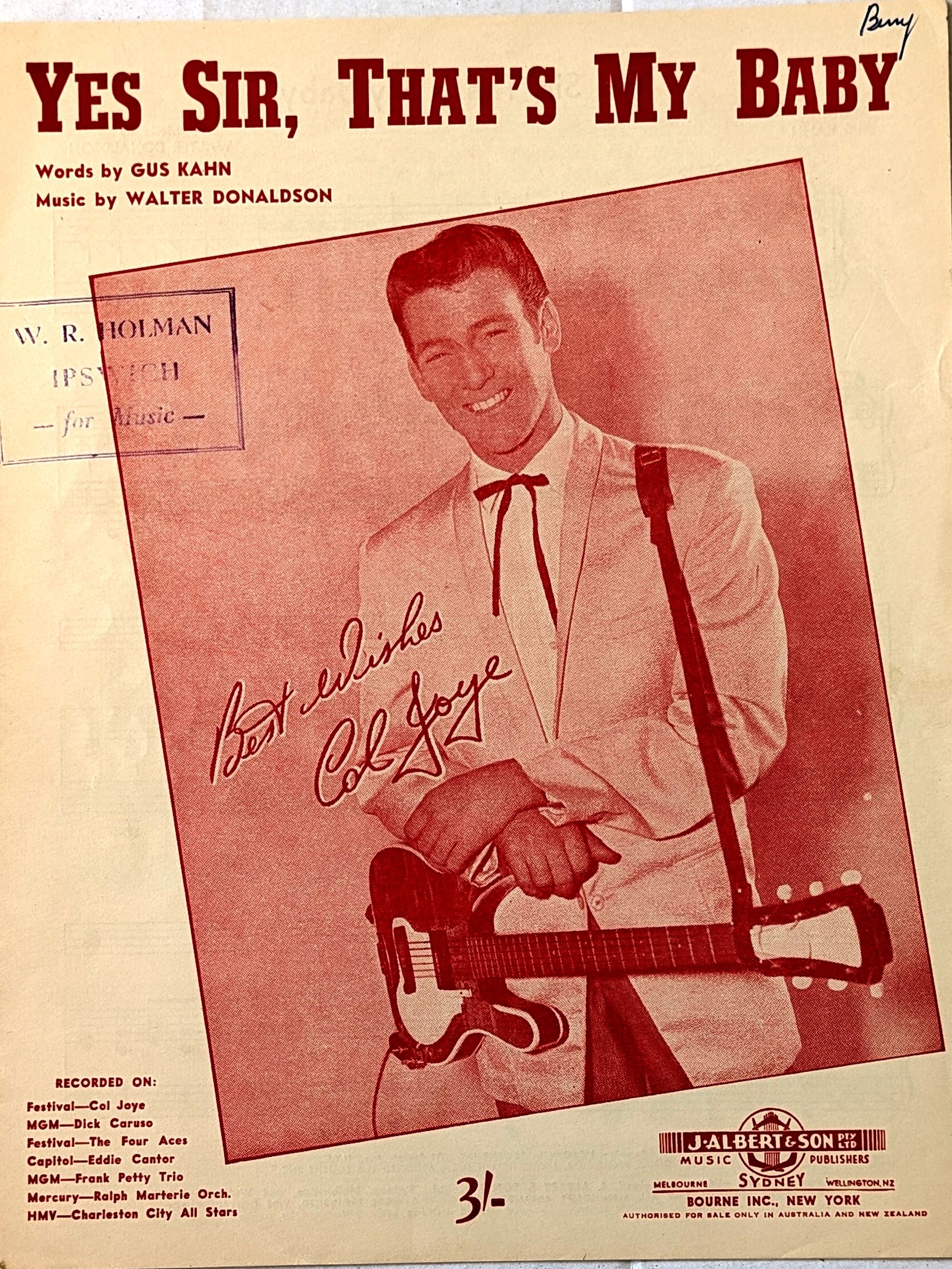 Col Joye - Yes Sir, That's My Baby 1960s Australian Sheet Music (Vintage)