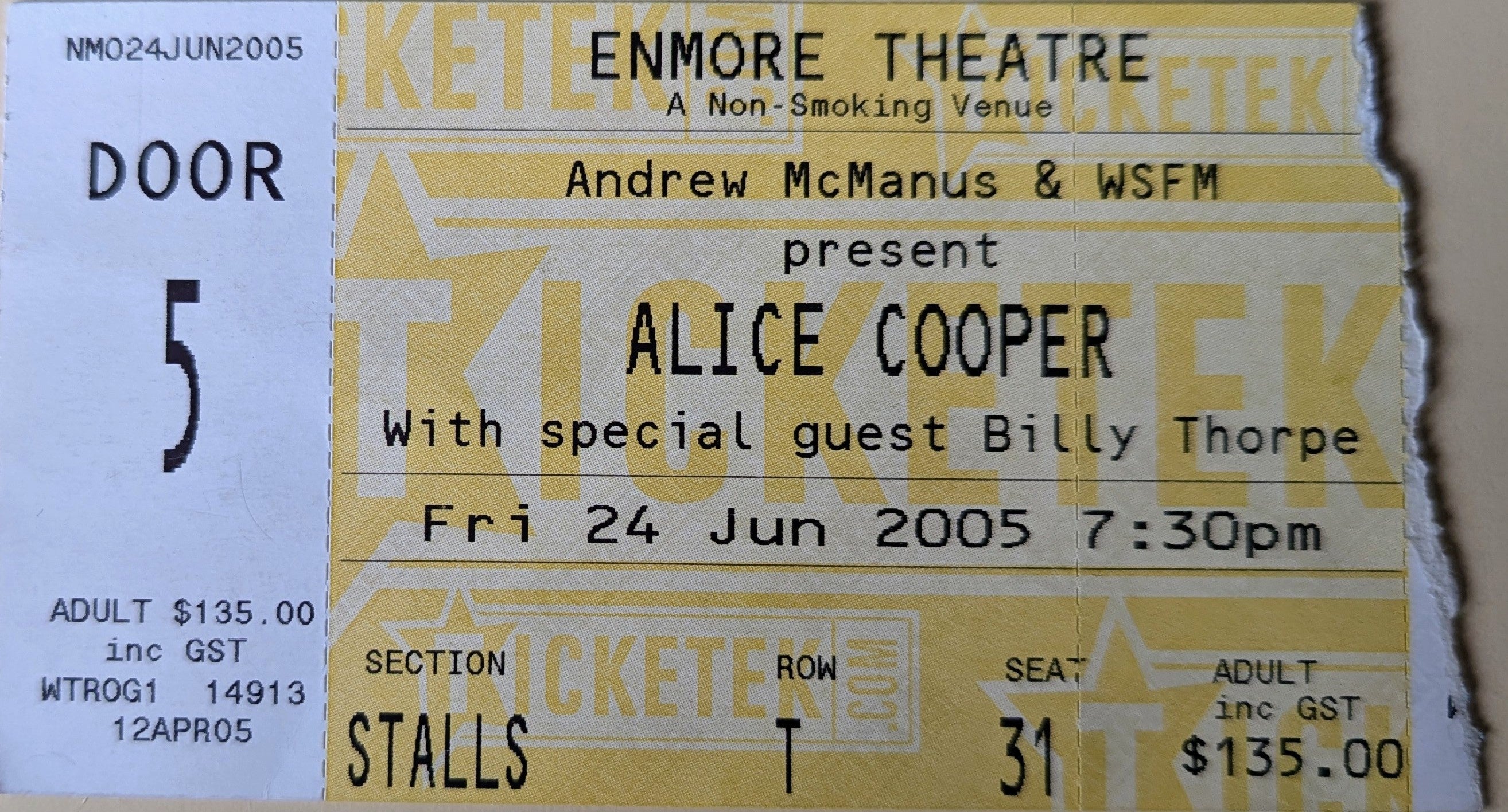 Alice Cooper - 2005 Original Vintage Concert Ticket