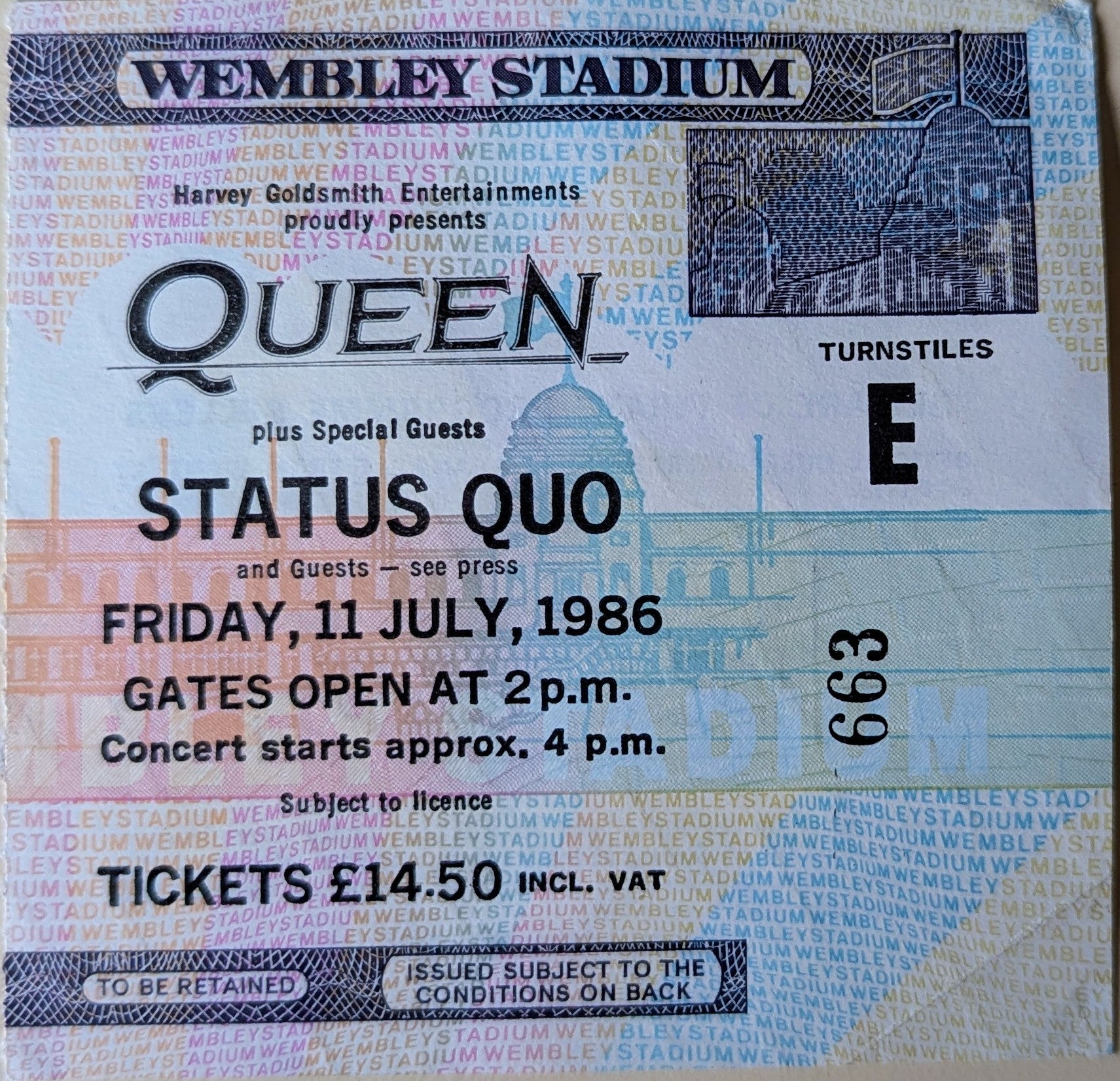Queen - 1986 Wembley Stadium Original Vintage Concert Ticket (Gate E Seat 663)
