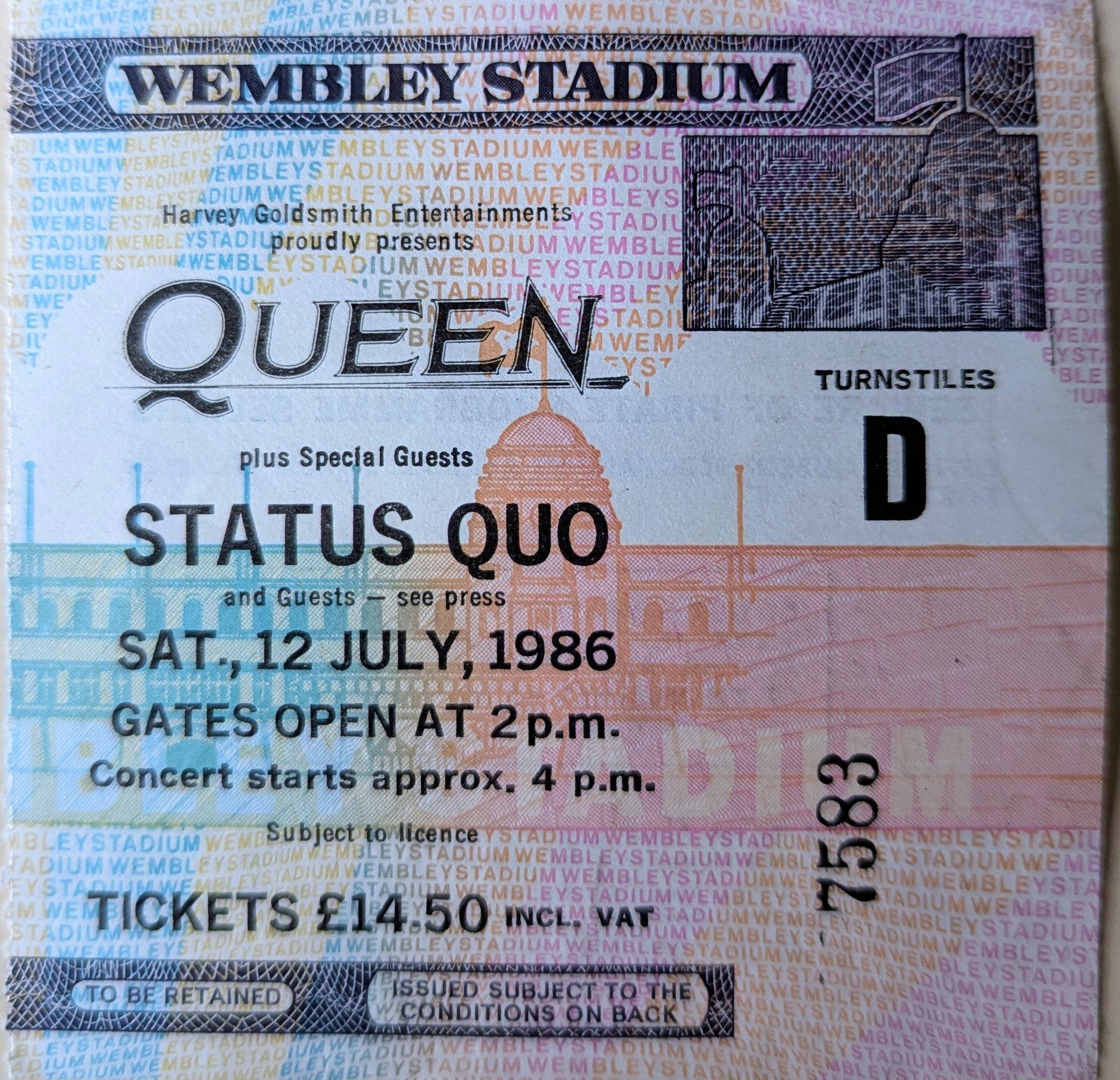 Queen - 1986 Wembley Stadium Original Vintage Concert Ticket (Gate D 7583)