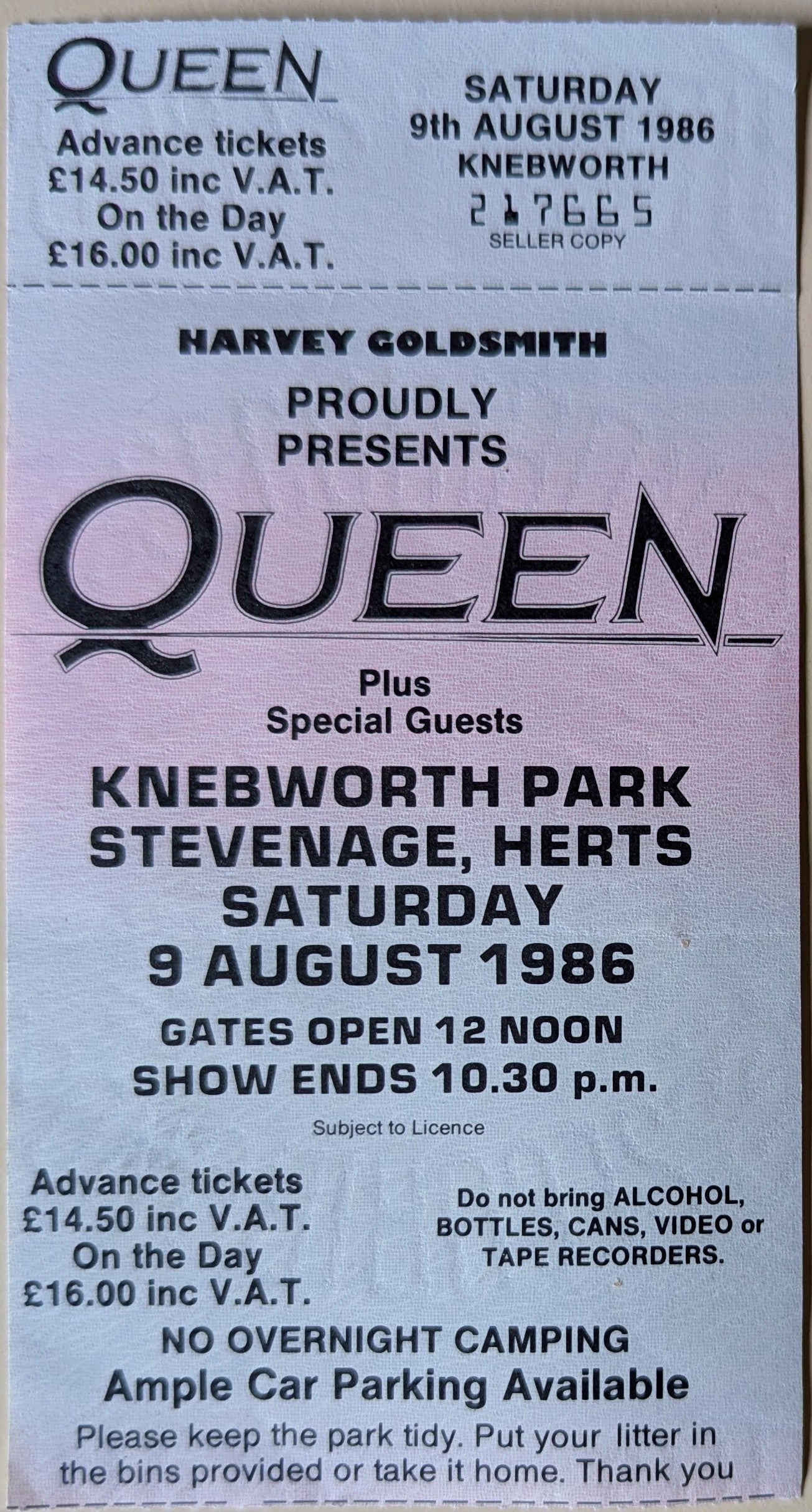 Queen - 1986 Knebworth Park Original Vintage Concert Ticket