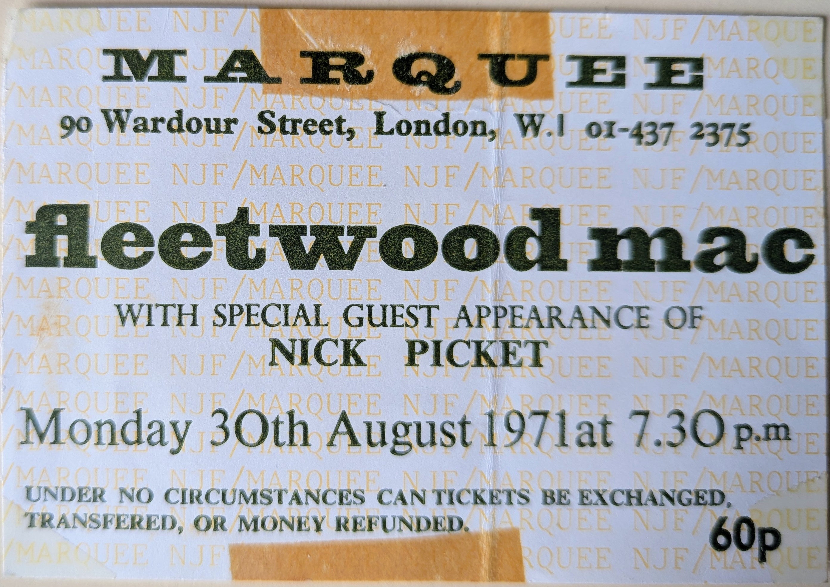 Fleetwood Mac - 1971 Original Vintage Concert Ticket