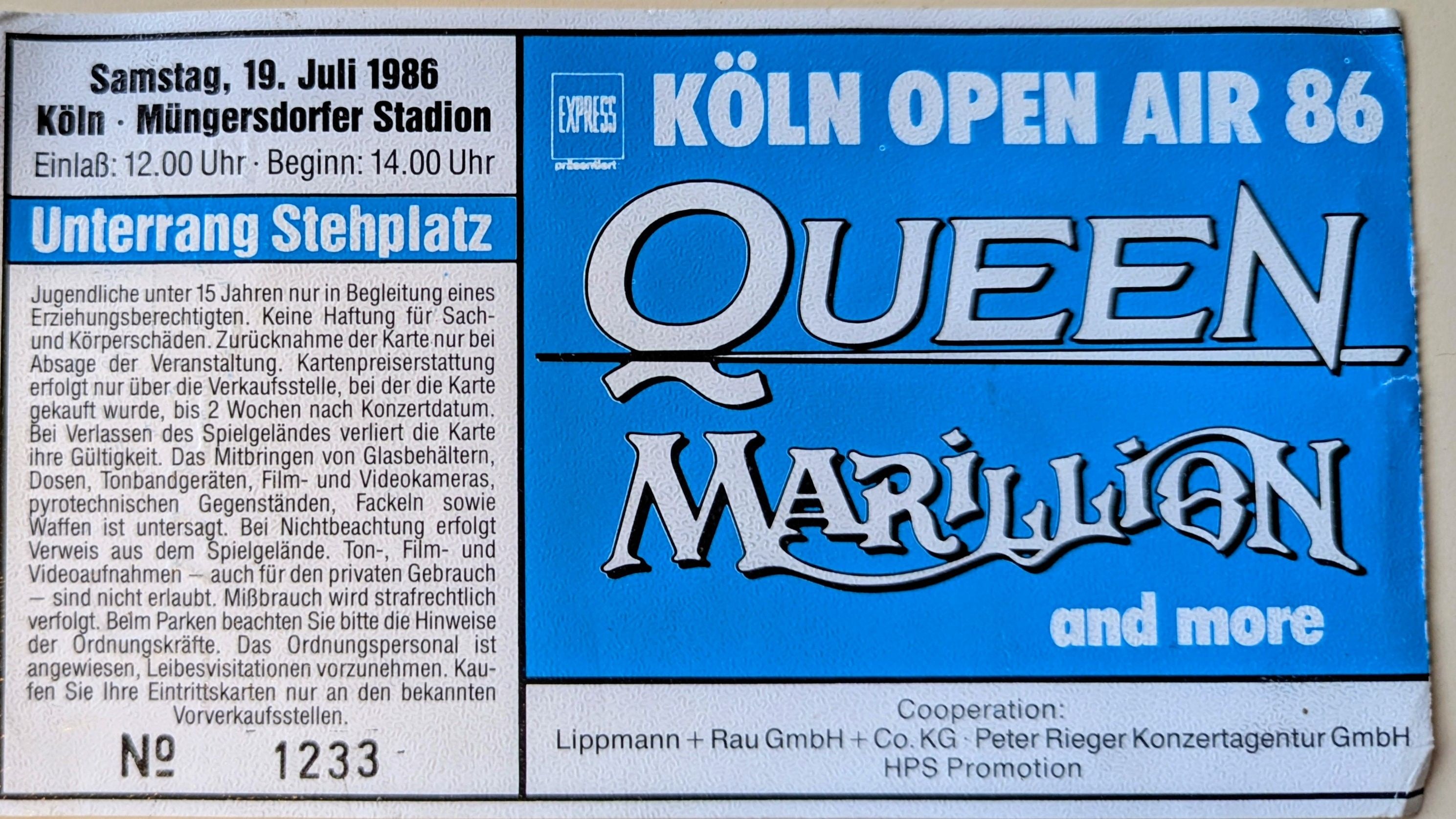 Queen - Open Air 1986 Original Vintage Concert Ticket GA 1233