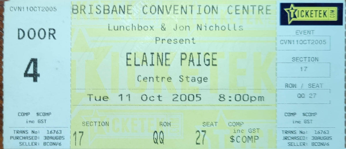 Elaine Paige - 2005 Original Vintage Concert Ticket Seat #QQ27