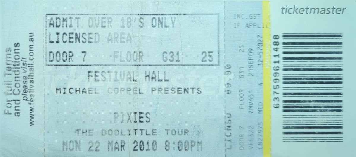 Pixies - 2010 Original Vintage Concert Ticket Seat #G31