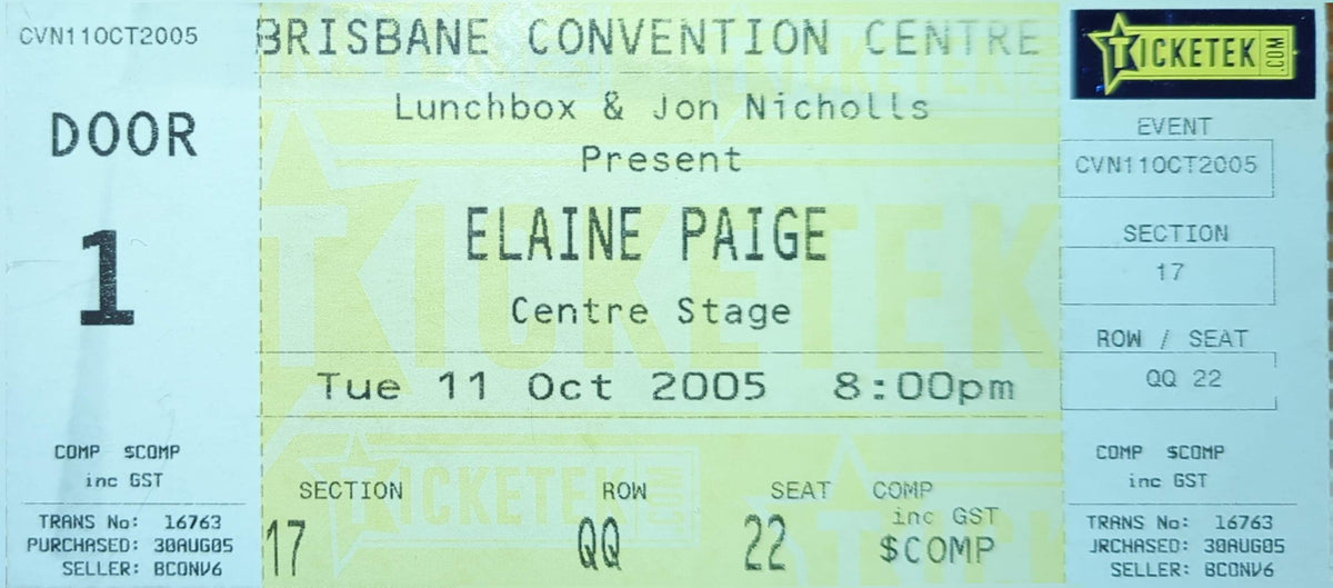 Elaine Paige - 2005 Original Vintage Concert Ticket Seat #QQ22