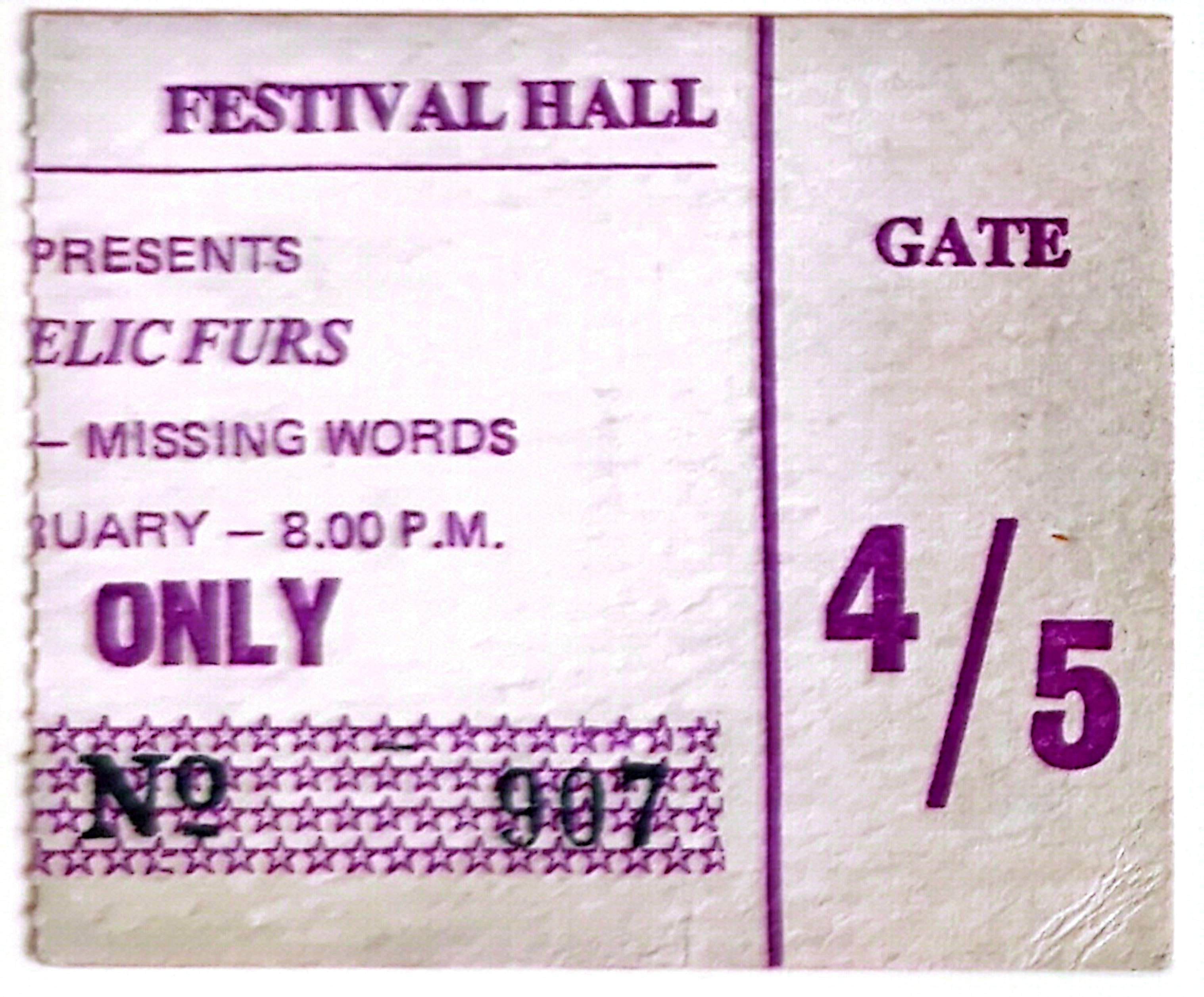 Psychedelic Furs - 1982 Original Vintage Concert Ticket Seat 907