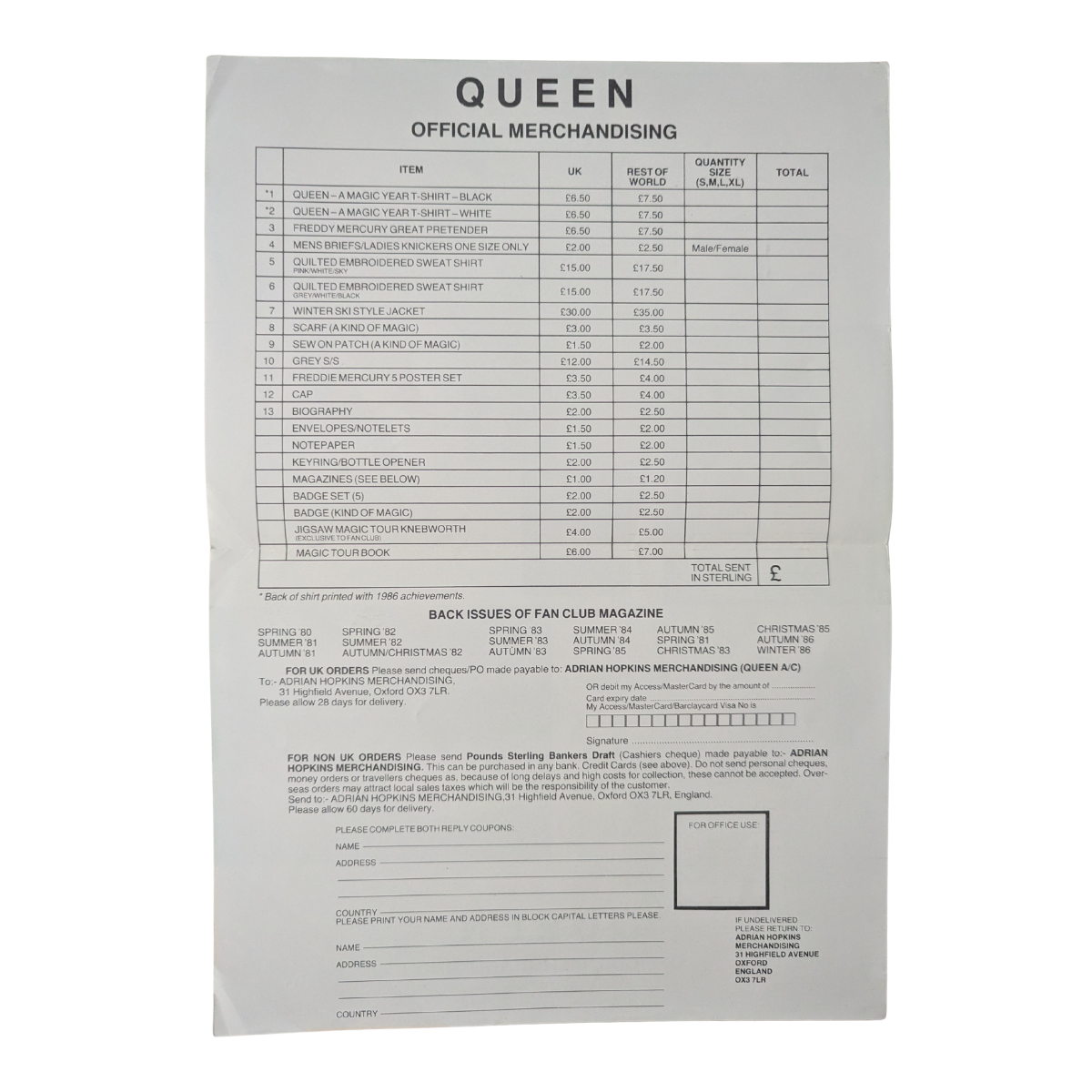 Queen - Official Merchandise Order Sheet Circa 1986