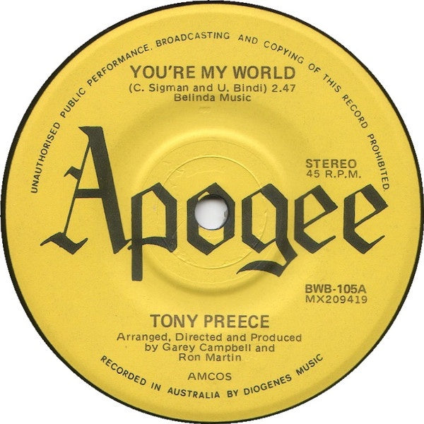 Tony Preece - You're My World 7" Vinyl Single (Used)