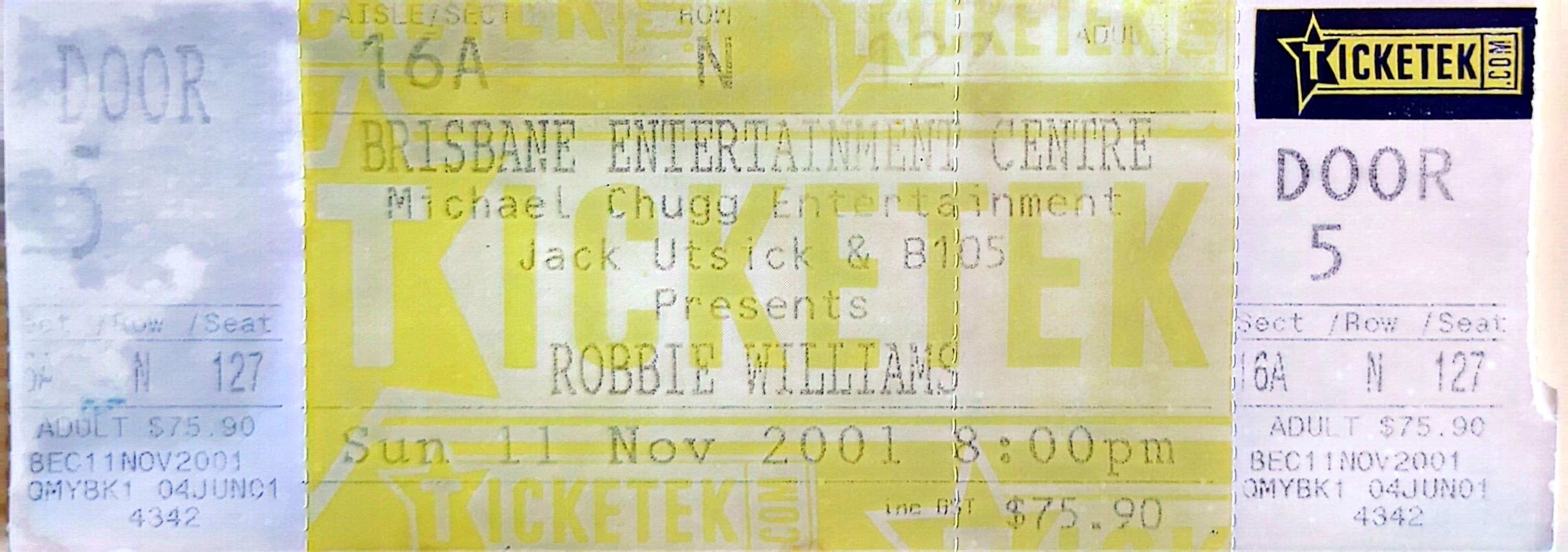 Robbie Williams - 2001 Original Vintage Concert Ticket Seat 127