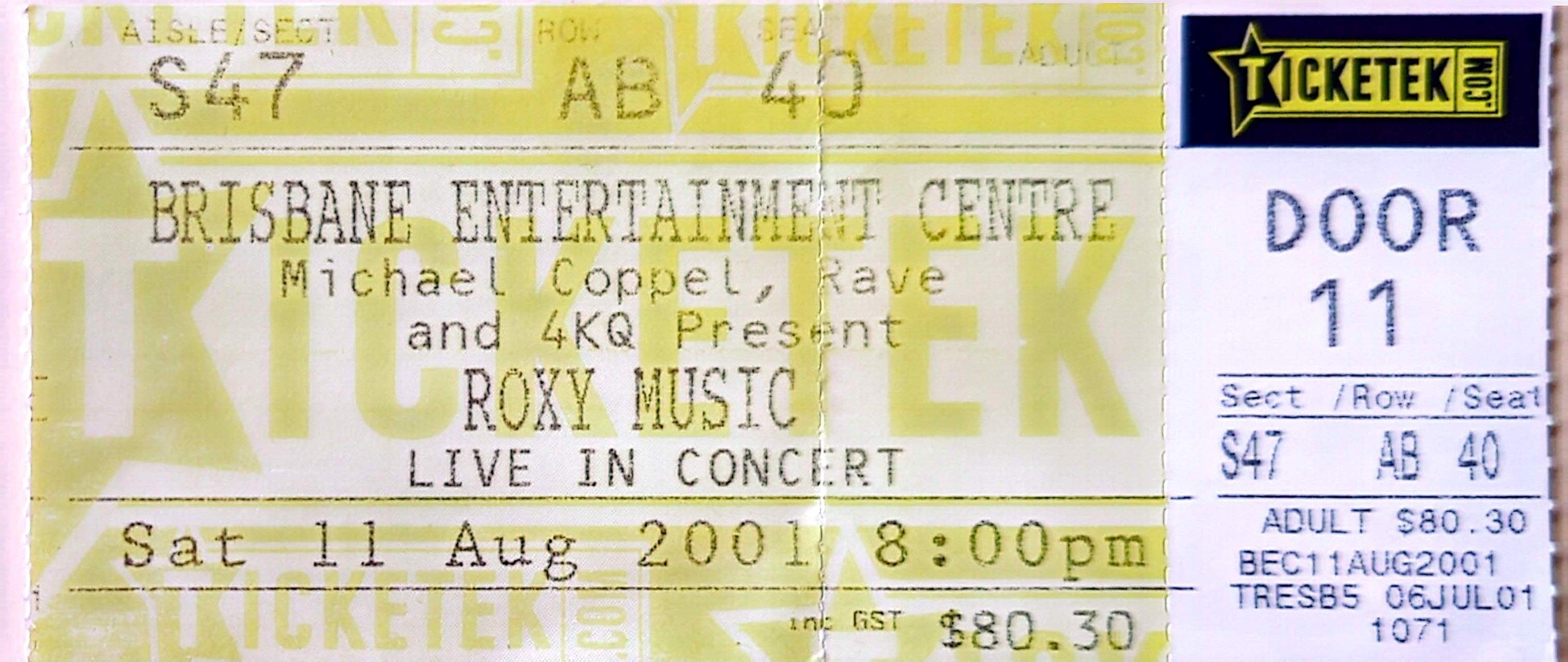 Roxy Music - 2001 Original Vintage Concert Ticket Seat 40