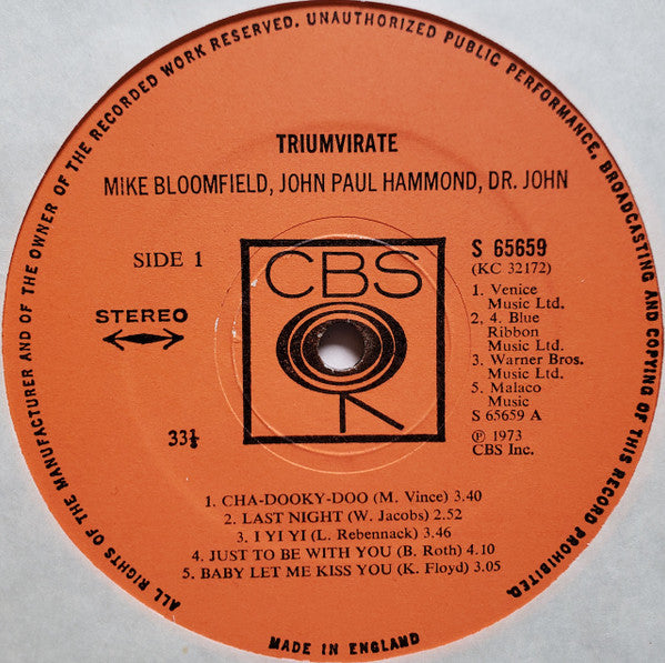 Mike Bloomfield, John Paul Hammond & Dr. John - Triumvirate Vinyl LP (Used)