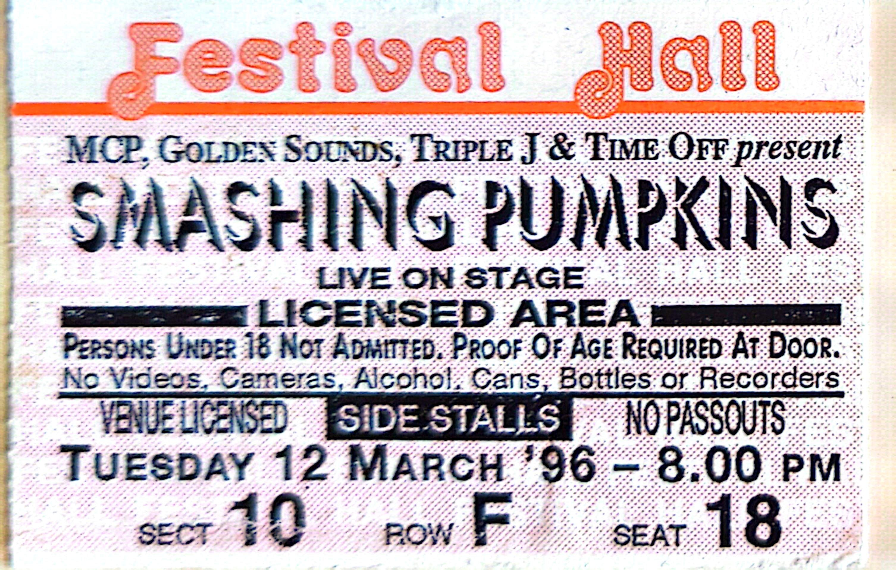 Smashing Pumpkins - 1996 Original Vintage Concert Ticket Seat 18