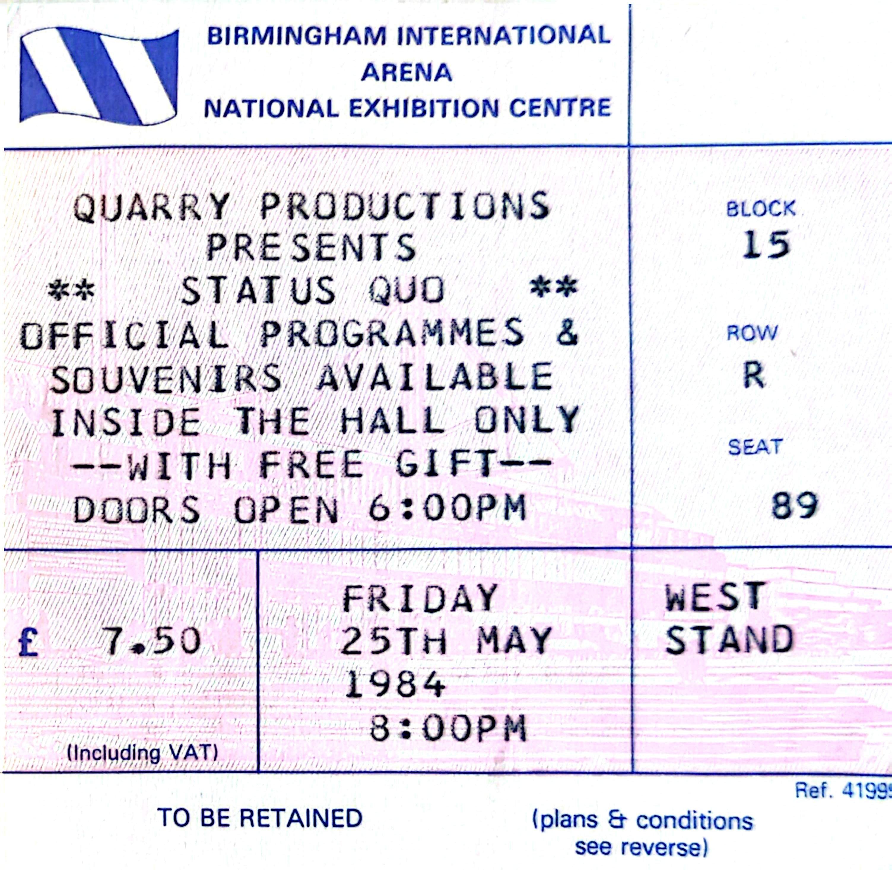 Status Quo - 1984 Original Vintage Concert Ticket Seat 89