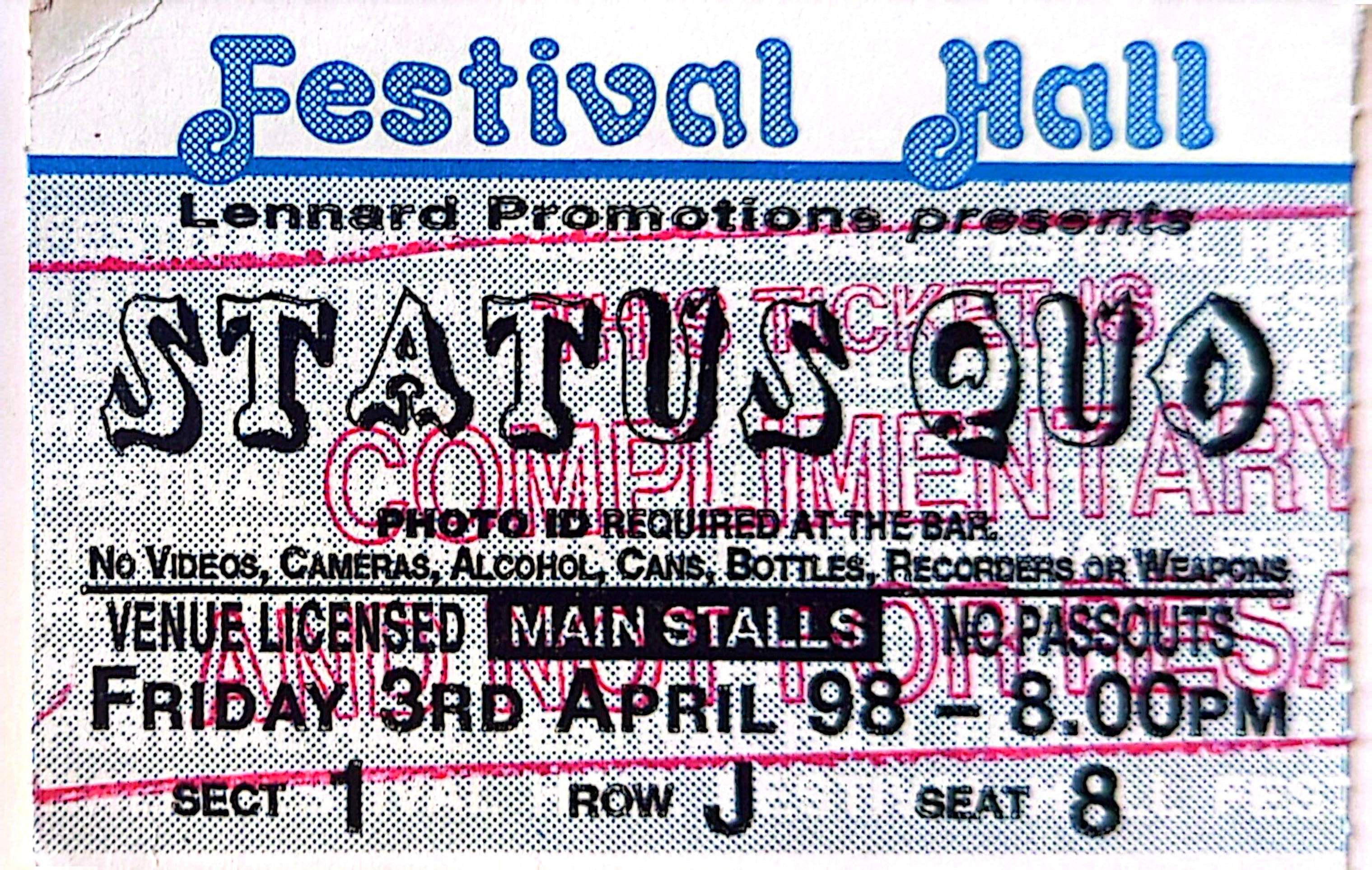 Status Quo - 1998 Original Vintage Concert Ticket Seat 8