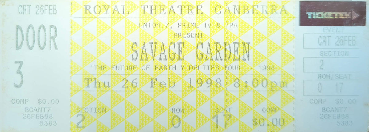 Savage Garden - 1998 Original Vintage Concert Ticket Seat #O13
