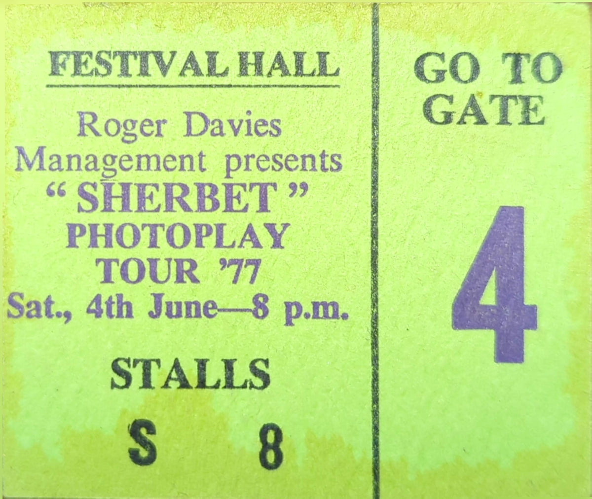 Sherbet - 1977 Original Vintage Concert Ticket Seat #S8