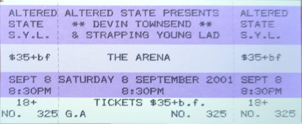 Devin Townsend & Strapping Young Lad - 2001 Original Vintage Concert Ticket Seat #325