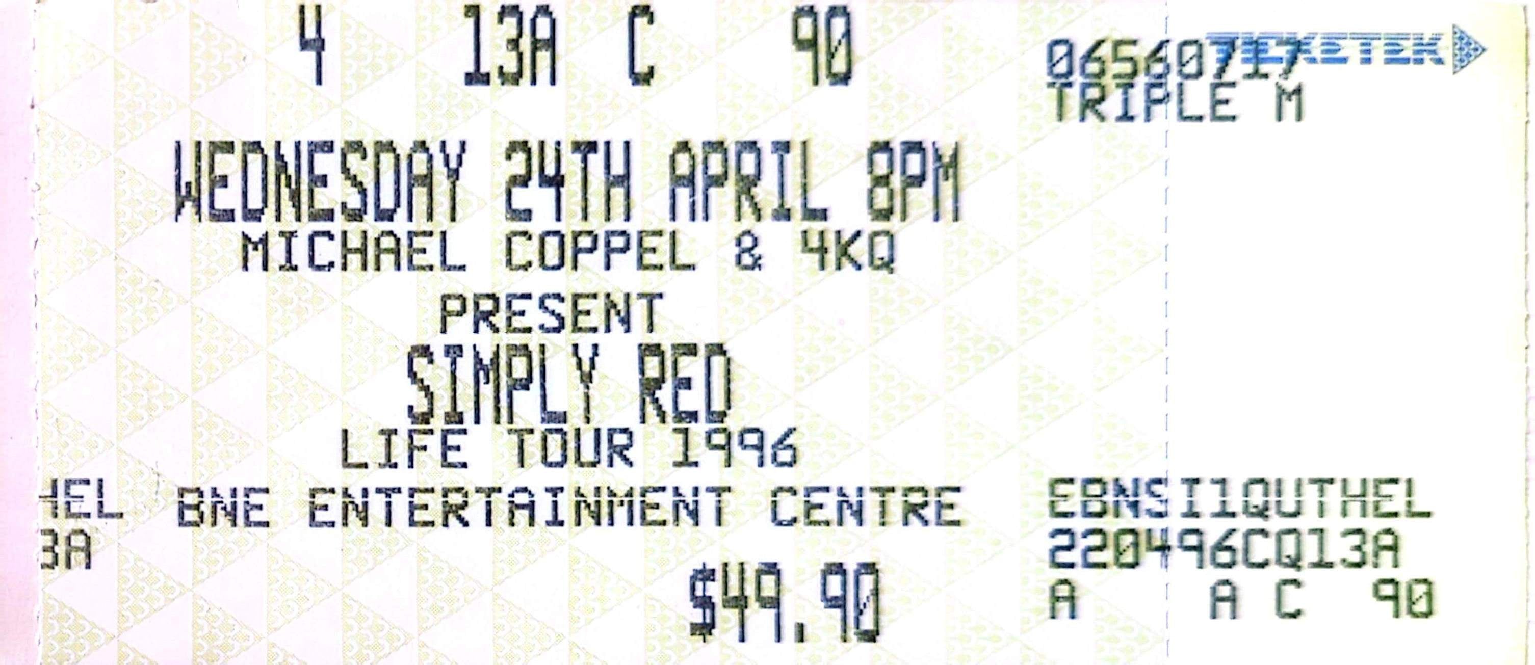 Simply Red - 1996 Original Vintage Concert Ticket Seat 90