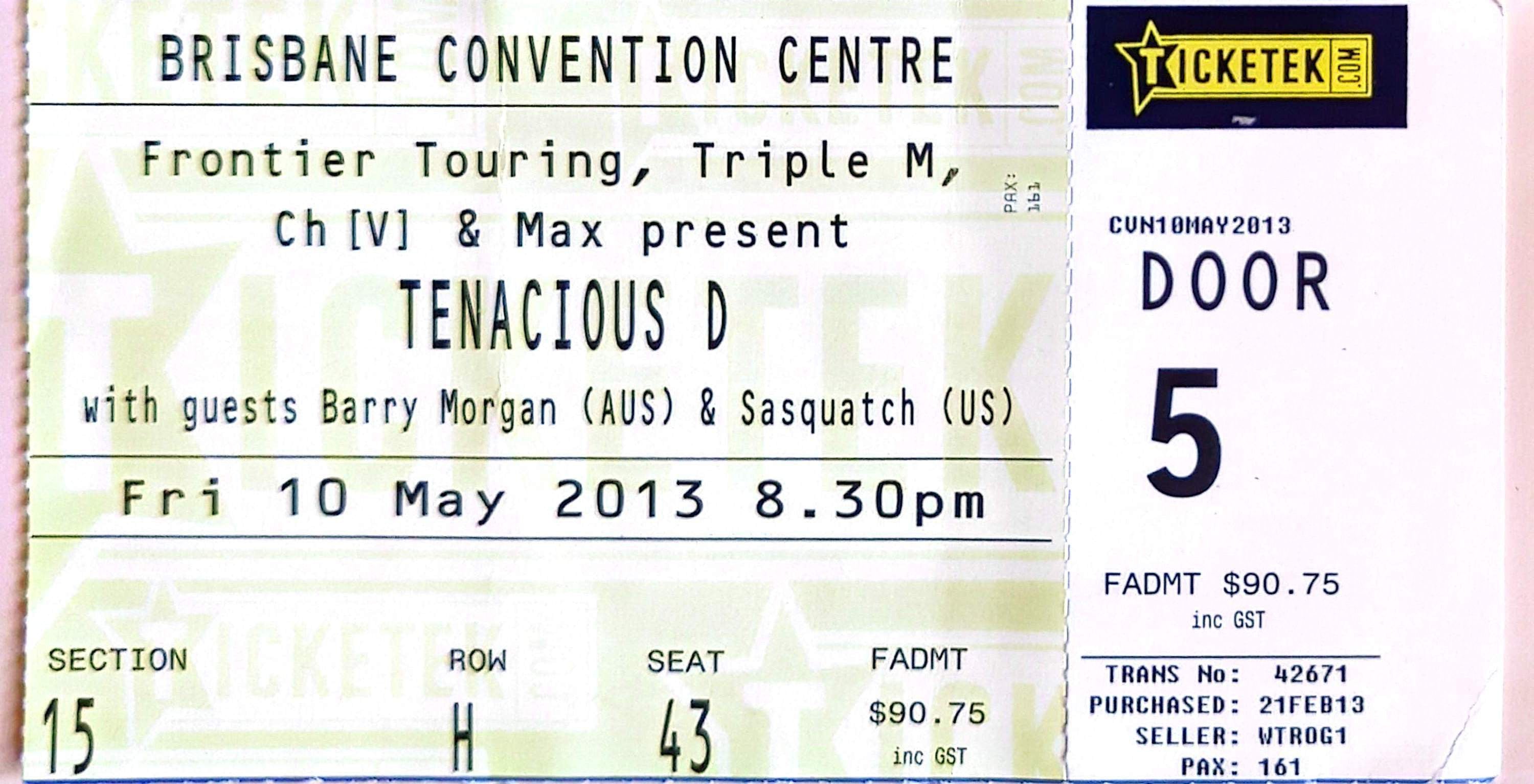 Tenacious D - 2013 Original Vintage Concert Ticket Seat 43