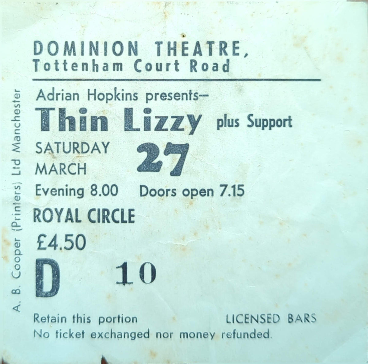 Thin Lizzy - 1982 Original Vintage Concert Ticket Seat #D10