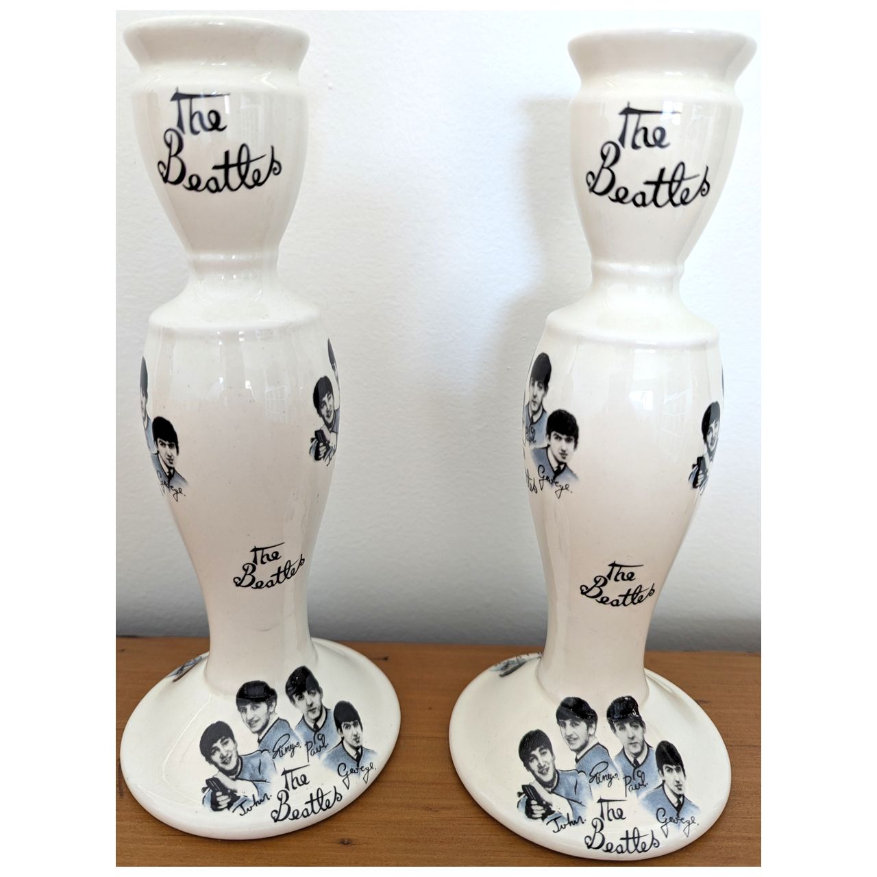 Beatles - Vintage 1980s Liverpool Pair Of Pottery Candlestick Holders (Used)